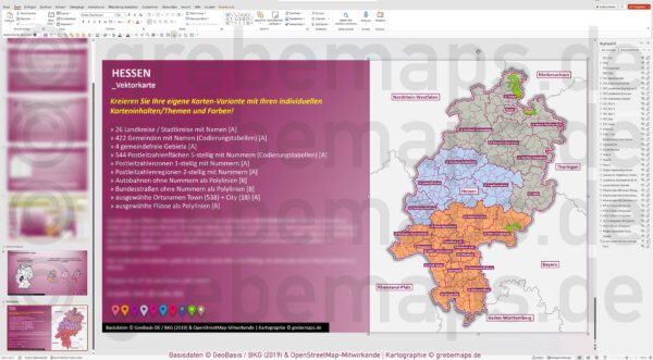 PowerPoint-Karte Hessen Postleitzahlen PLZ 5-stellig Gemeinden Landkreise Autobahnen einfärbbar bearbeitbar download - mit Deutschlandkarte [Digital] – Bild 19