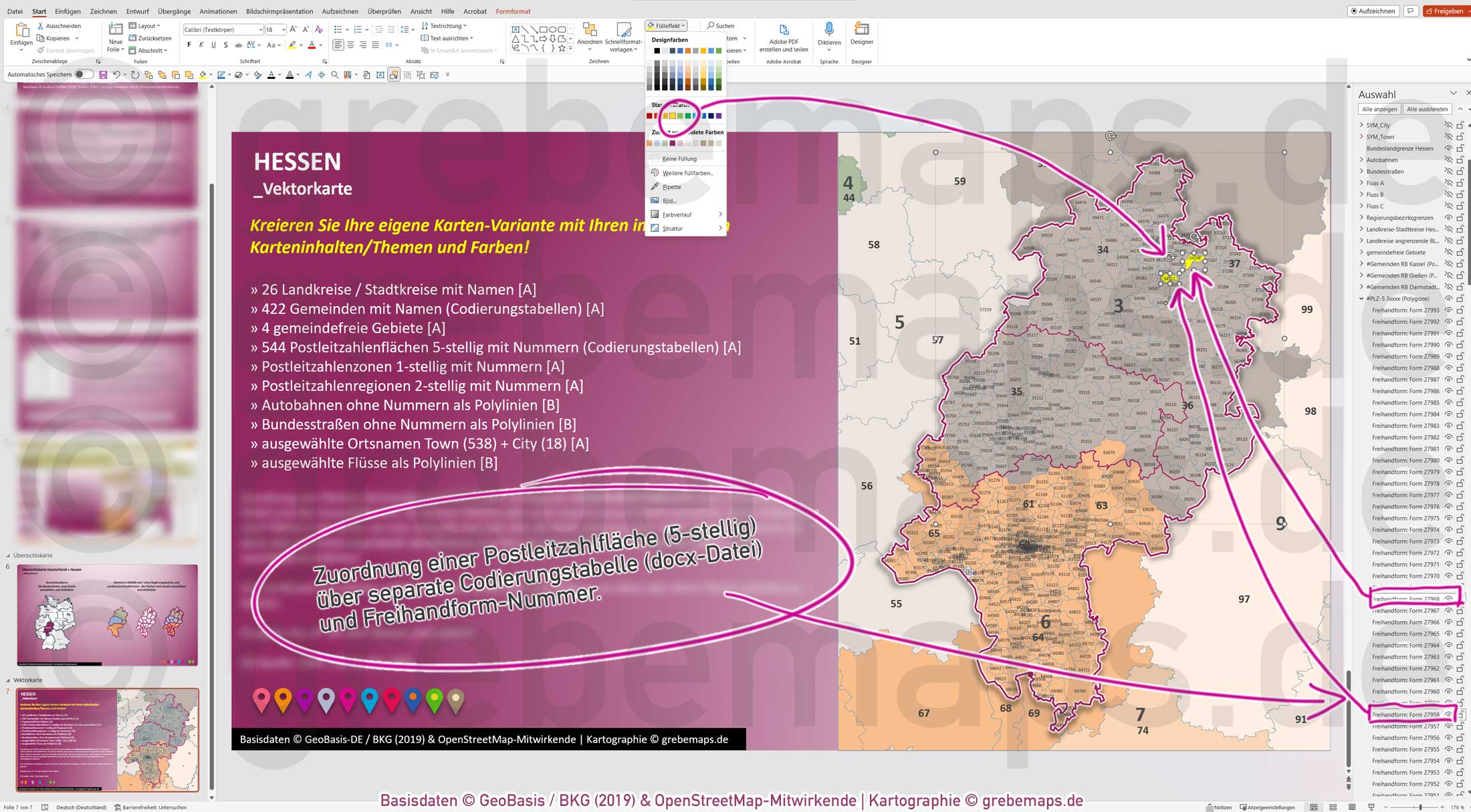 PowerPoint-Karte Hessen Postleitzahlen PLZ 5-stellig Gemeinden Landkreise Autobahnen einfärbbar bearbeitbar download - mit Deutschlandkarte [Digital] – Bild 6