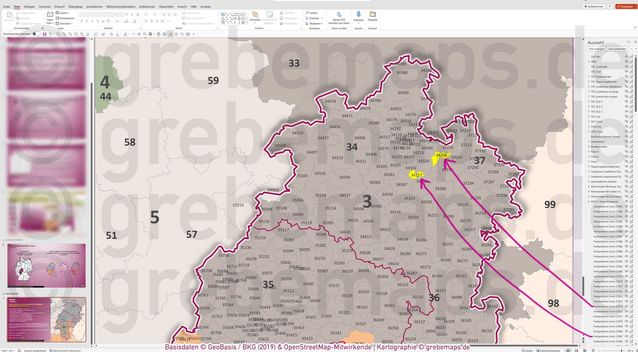 PowerPoint-Karte Hessen Postleitzahlen PLZ 5-stellig Gemeinden Landkreise Autobahnen einfärbbar bearbeitbar download - mit Deutschlandkarte [Digital] – Bild 5