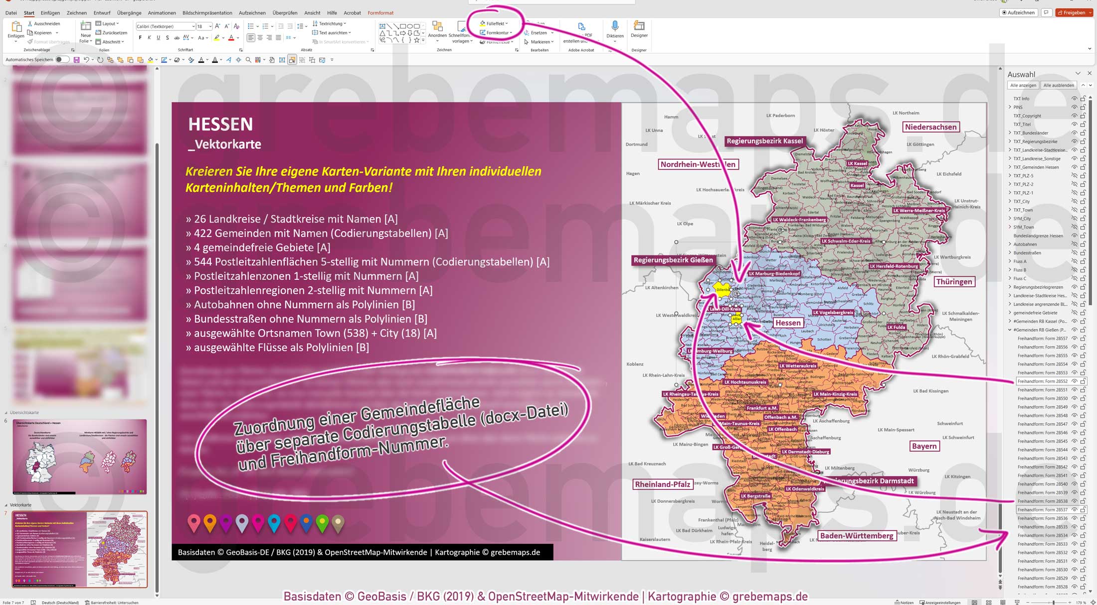 PowerPoint-Karte Hessen Postleitzahlen PLZ 5-stellig Gemeinden Landkreise Autobahnen einfärbbar bearbeitbar download - mit Deutschlandkarte [Digital] – Bild 4