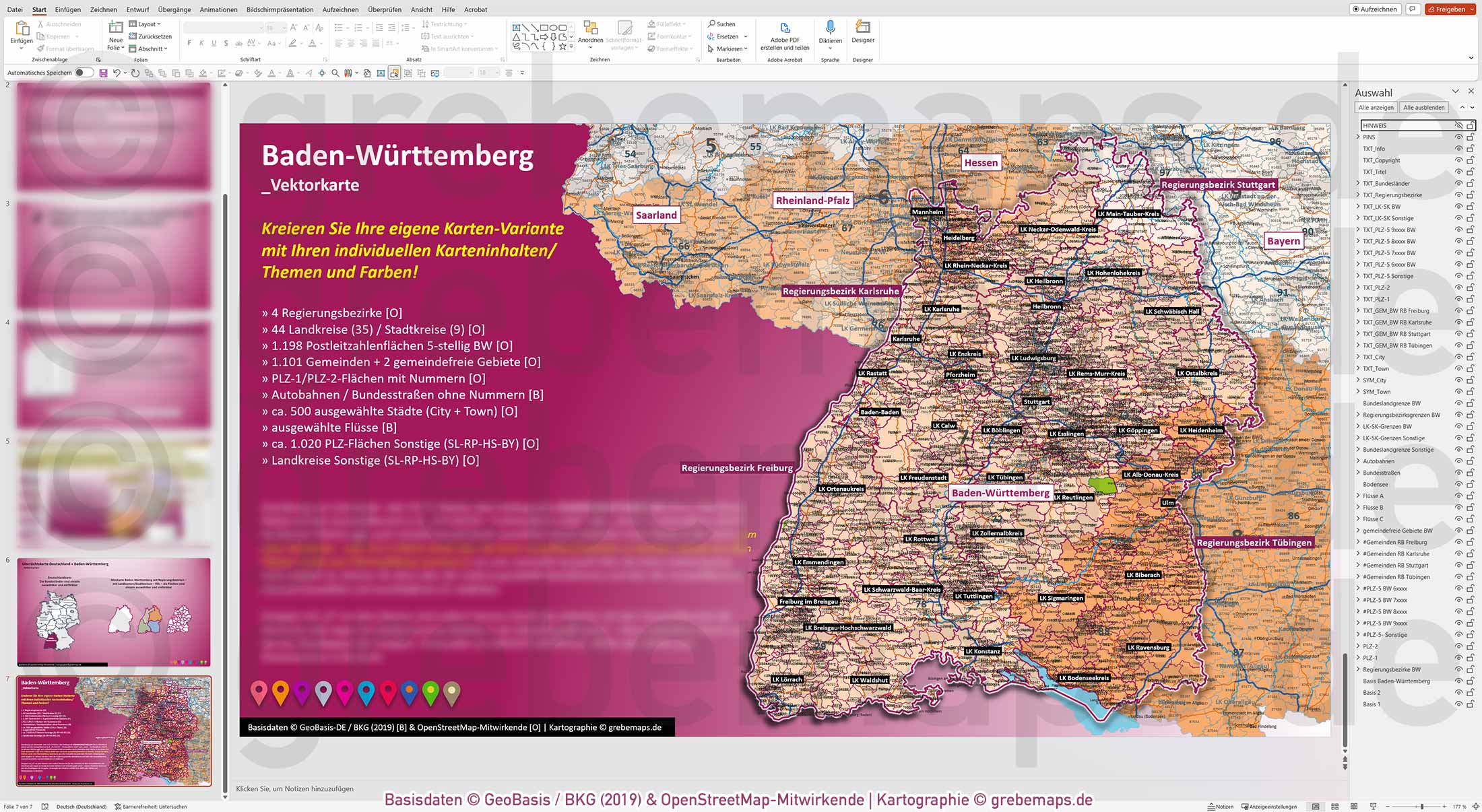 PowerPoint-Karte Baden-Württemberg Postleitzahlen PLZ 1-2-5-stellig Gemeinden Landkreise Regierungsbezirke Autobahnen einfärbbar bearbeitbar download - mit Deutschlandkarte (V2) [Digital] – Bild 34