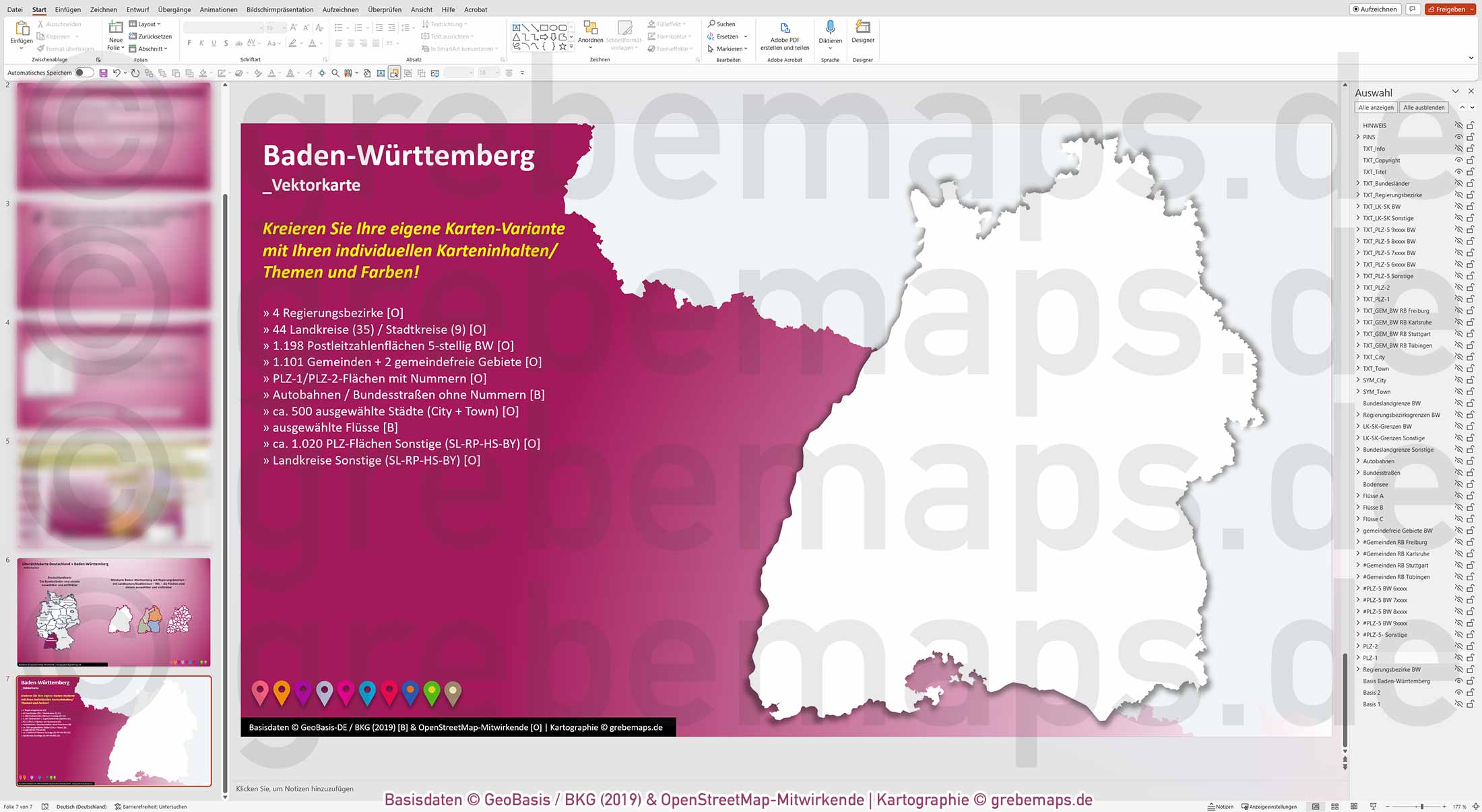 PowerPoint-Karte Baden-Württemberg Postleitzahlen PLZ 1-2-5-stellig Gemeinden Landkreise Regierungsbezirke Autobahnen einfärbbar bearbeitbar download - mit Deutschlandkarte (V2) [Digital] – Bild 33