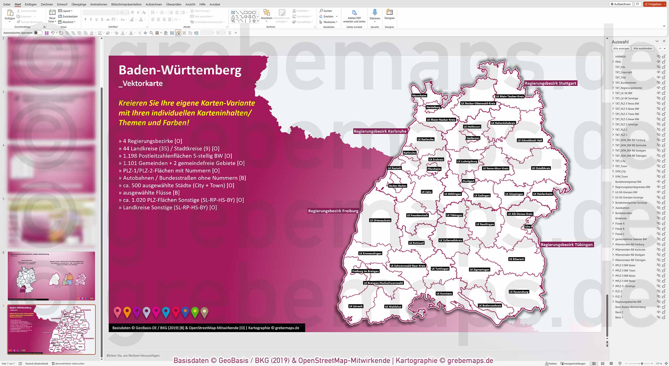 PowerPoint-Karte Baden-Württemberg Postleitzahlen PLZ 1-2-5-stellig Gemeinden Landkreise Regierungsbezirke Autobahnen einfärbbar bearbeitbar download - mit Deutschlandkarte (V2) [Digital] – Bild 32
