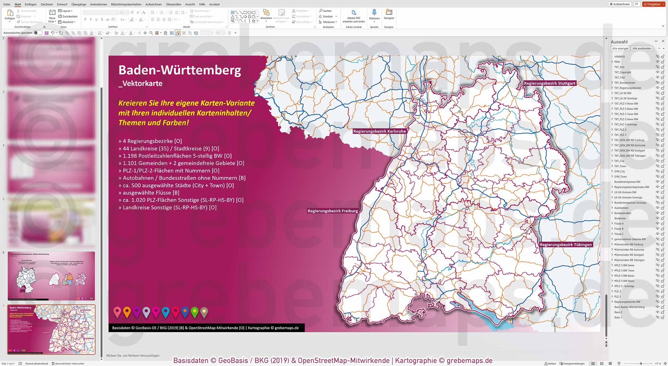 PowerPoint-Karte Baden-Württemberg Postleitzahlen PLZ 1-2-5-stellig Gemeinden Landkreise Regierungsbezirke Autobahnen einfärbbar bearbeitbar download - mit Deutschlandkarte (V2) [Digital] – Bild 31
