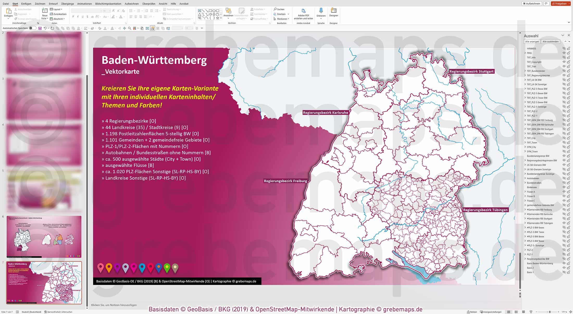 PowerPoint-Karte Baden-Württemberg Postleitzahlen PLZ 1-2-5-stellig Gemeinden Landkreise Regierungsbezirke Autobahnen einfärbbar bearbeitbar download - mit Deutschlandkarte (V2) [Digital] – Bild 29