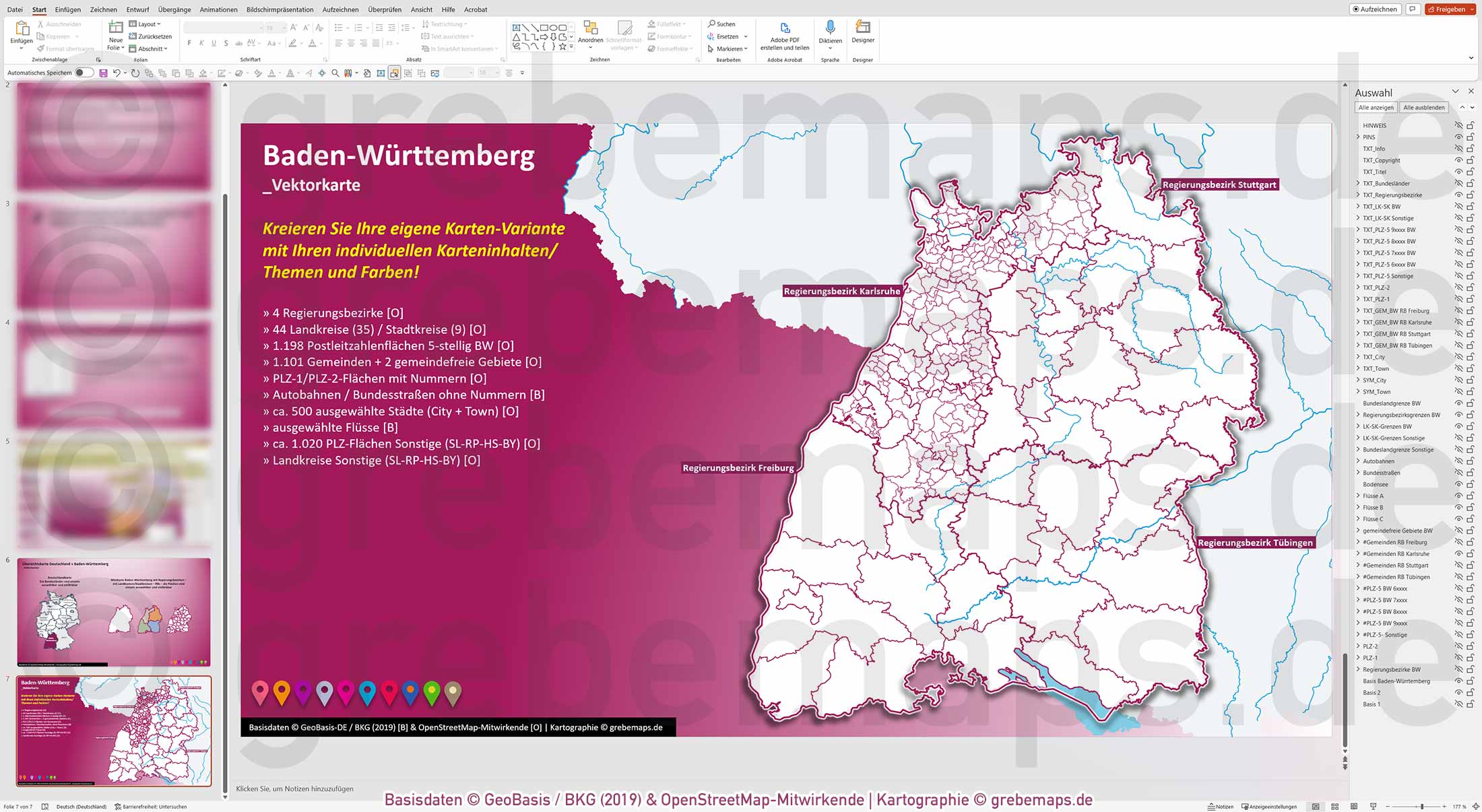 PowerPoint-Karte Baden-Württemberg Postleitzahlen PLZ 1-2-5-stellig Gemeinden Landkreise Regierungsbezirke Autobahnen einfärbbar bearbeitbar download - mit Deutschlandkarte (V2) [Digital] – Bild 28