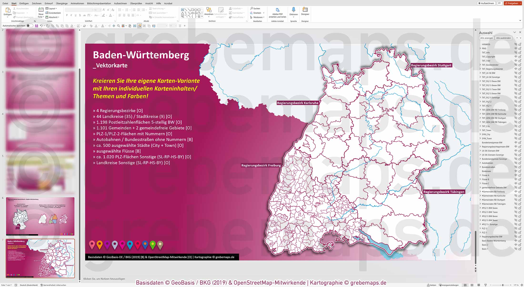 PowerPoint-Karte Baden-Württemberg Postleitzahlen PLZ 1-2-5-stellig Gemeinden Landkreise Regierungsbezirke Autobahnen einfärbbar bearbeitbar download - mit Deutschlandkarte (V2) [Digital] – Bild 27