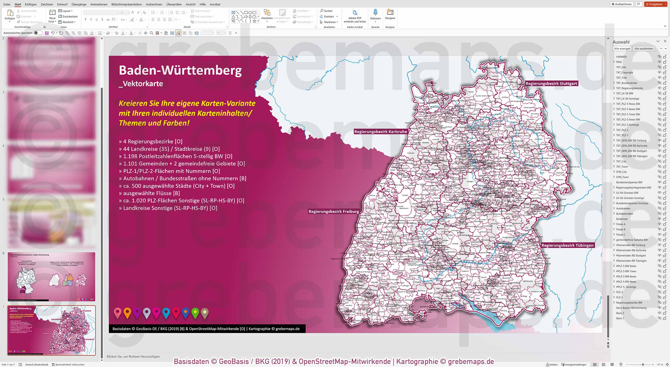 PowerPoint-Karte Baden-Württemberg Postleitzahlen PLZ 1-2-5-stellig Gemeinden Landkreise Regierungsbezirke Autobahnen einfärbbar bearbeitbar download - mit Deutschlandkarte (V2) [Digital] – Bild 26