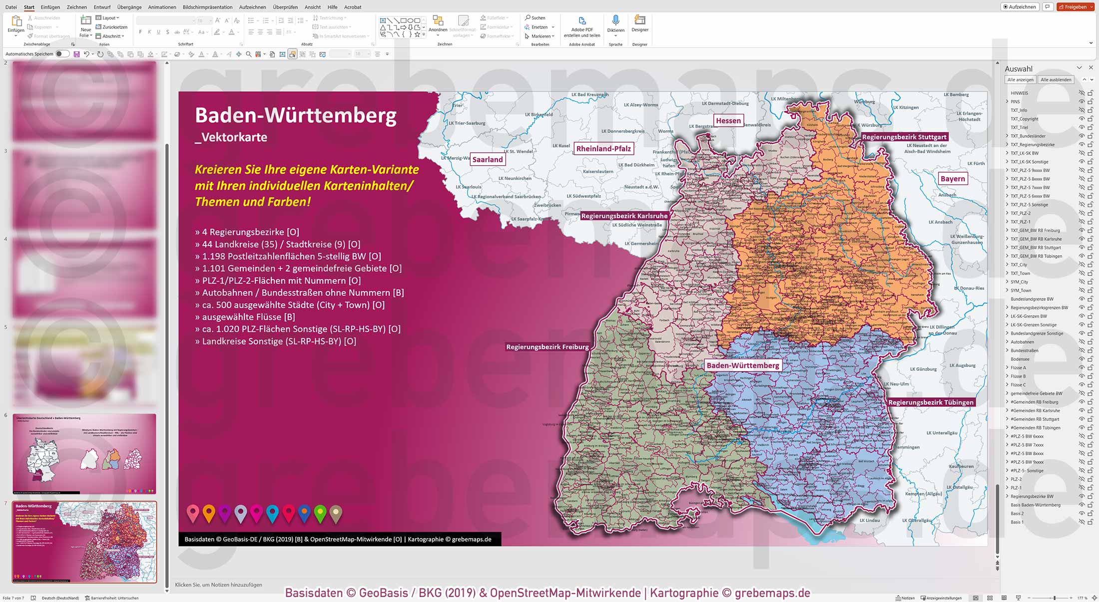 PowerPoint-Karte Baden-Württemberg Postleitzahlen PLZ 1-2-5-stellig Gemeinden Landkreise Regierungsbezirke Autobahnen einfärbbar bearbeitbar download - mit Deutschlandkarte (V2) [Digital] – Bild 25