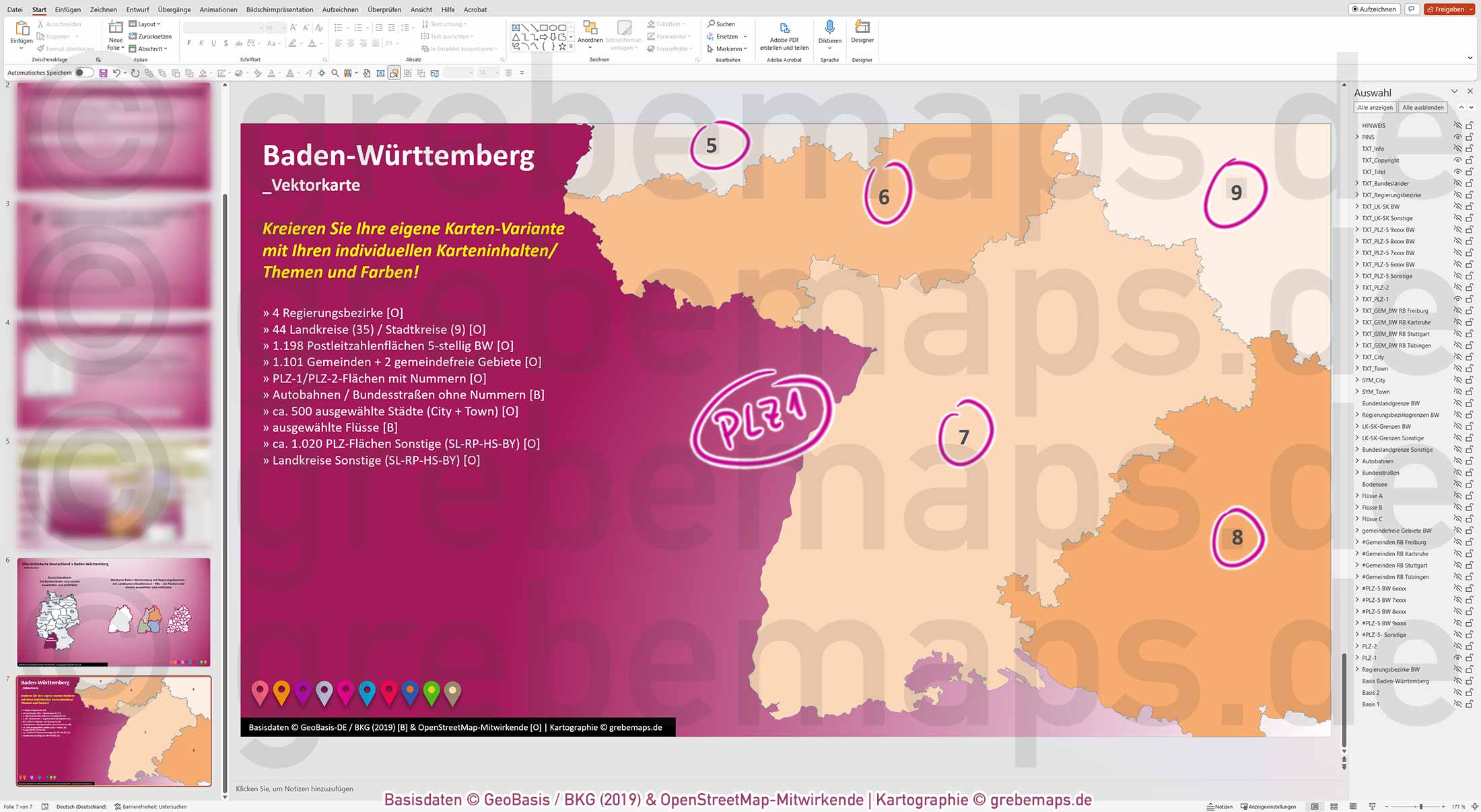 PowerPoint-Karte Baden-Württemberg Postleitzahlen PLZ 1-2-5-stellig Gemeinden Landkreise Regierungsbezirke Autobahnen einfärbbar bearbeitbar download - mit Deutschlandkarte (V2) [Digital] – Bild 24