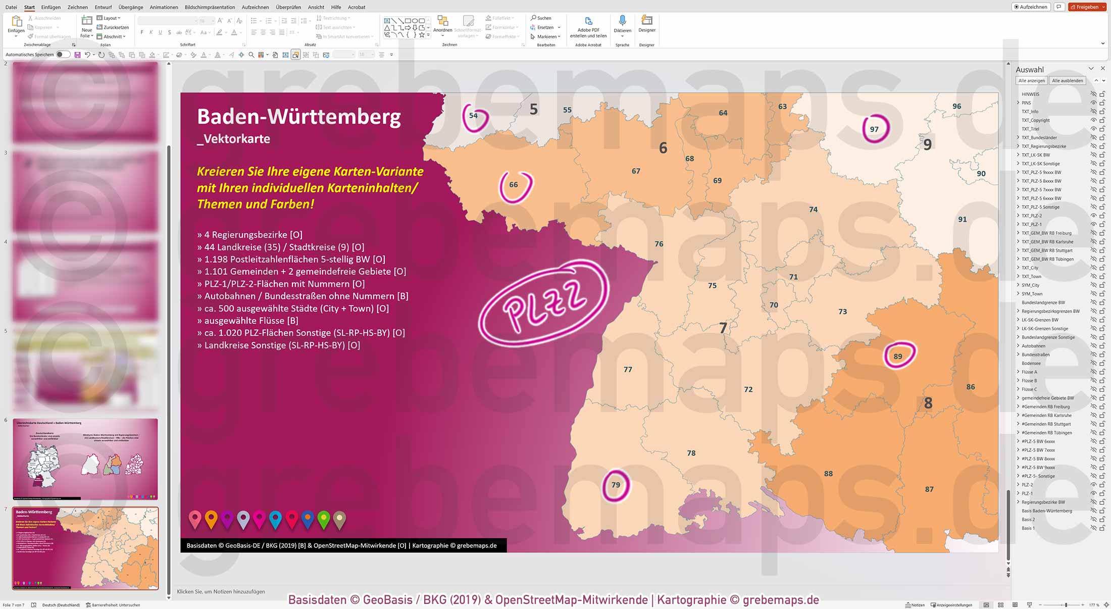 PowerPoint-Karte Baden-Württemberg Postleitzahlen PLZ 1-2-5-stellig Gemeinden Landkreise Regierungsbezirke Autobahnen einfärbbar bearbeitbar download - mit Deutschlandkarte (V2) [Digital] – Bild 23