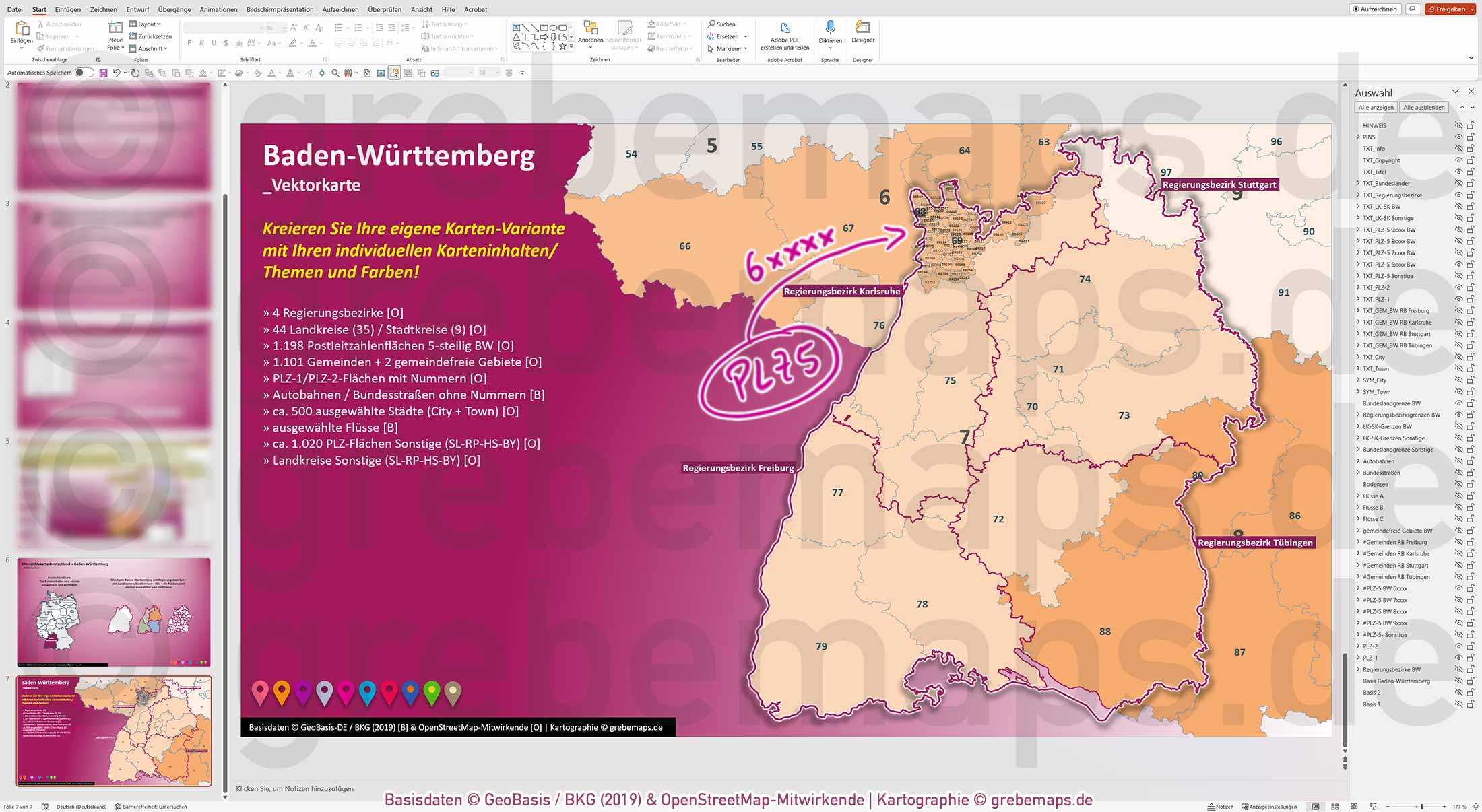 PowerPoint-Karte Baden-Württemberg Postleitzahlen PLZ 1-2-5-stellig Gemeinden Landkreise Regierungsbezirke Autobahnen einfärbbar bearbeitbar download - mit Deutschlandkarte (V2) [Digital] – Bild 22