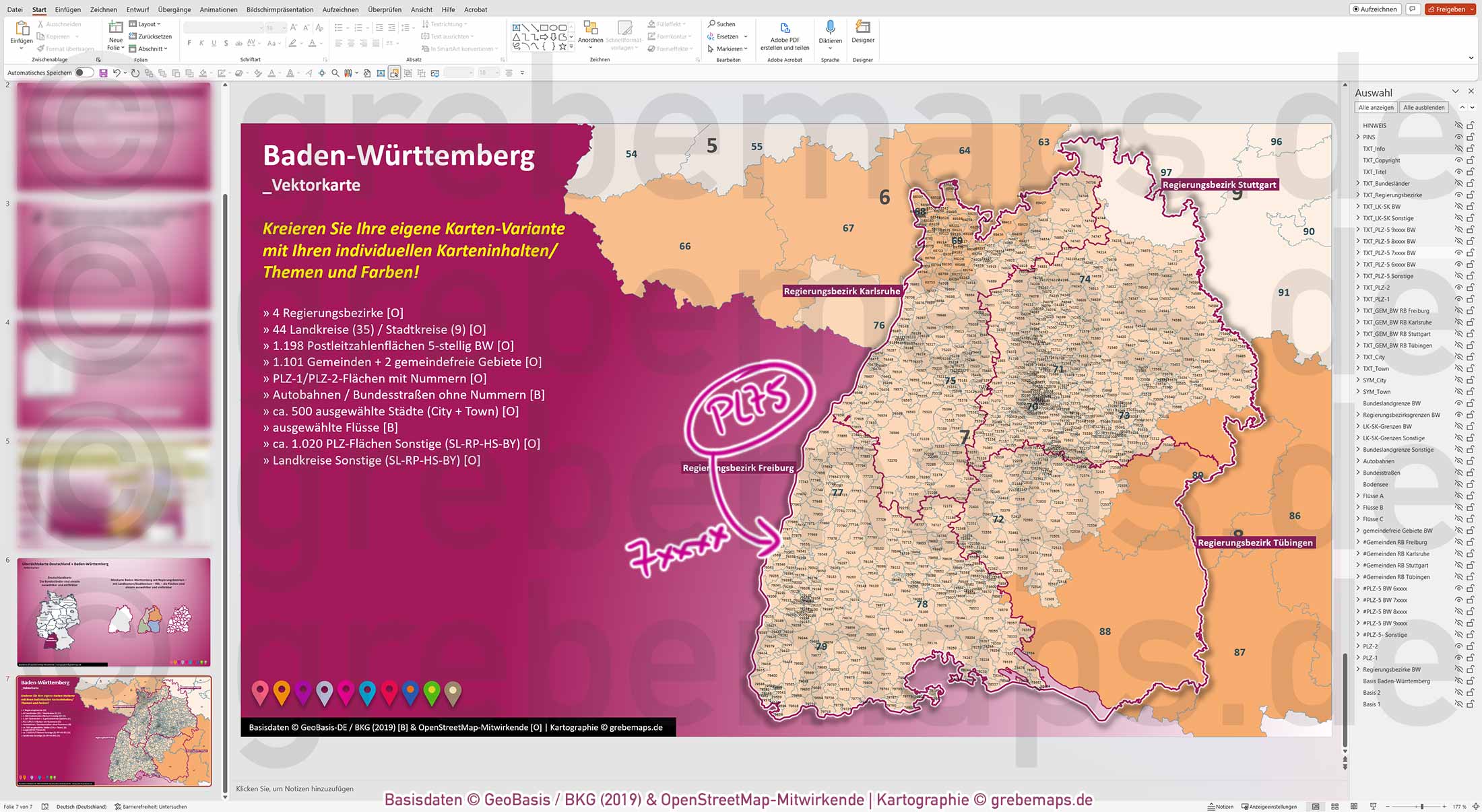 PowerPoint-Karte Baden-Württemberg Postleitzahlen PLZ 1-2-5-stellig Gemeinden Landkreise Regierungsbezirke Autobahnen einfärbbar bearbeitbar download - mit Deutschlandkarte (V2) [Digital] – Bild 21
