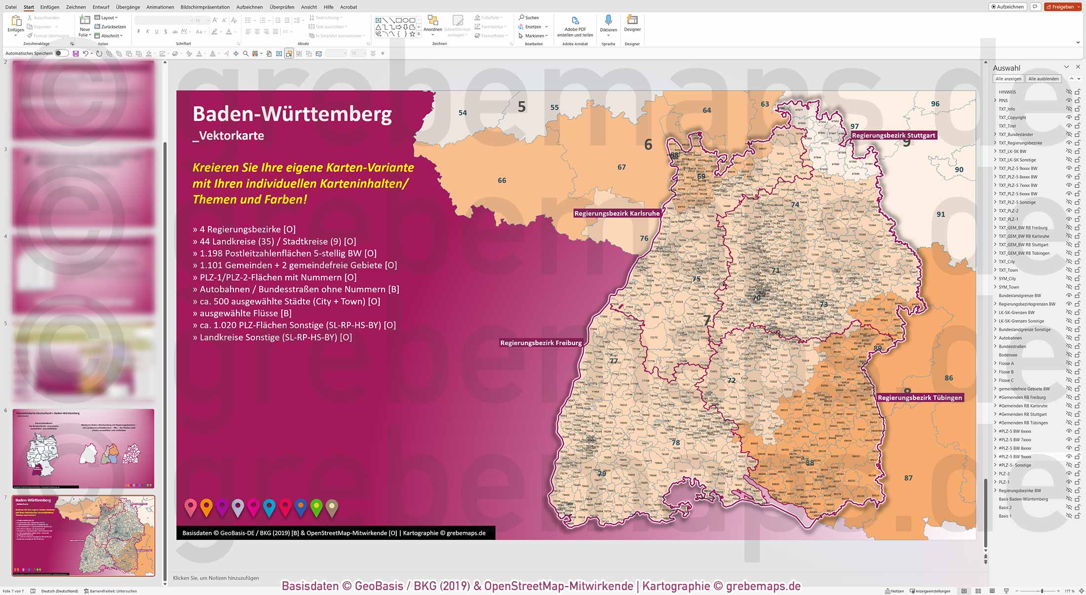 PowerPoint-Karte Baden-Württemberg Postleitzahlen PLZ 1-2-5-stellig Gemeinden Landkreise Regierungsbezirke Autobahnen einfärbbar bearbeitbar download - mit Deutschlandkarte (V2) [Digital] – Bild 20