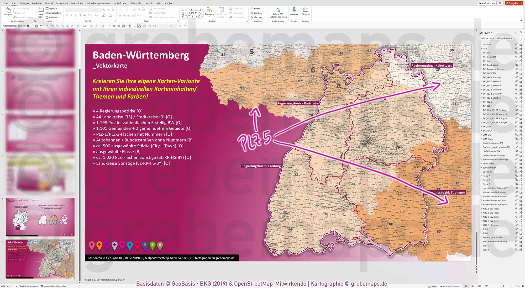 PowerPoint-Karte Baden-Württemberg Postleitzahlen PLZ 1-2-5-stellig Gemeinden Landkreise Regierungsbezirke Autobahnen einfärbbar bearbeitbar download - mit Deutschlandkarte (V2) [Digital] – Bild 19