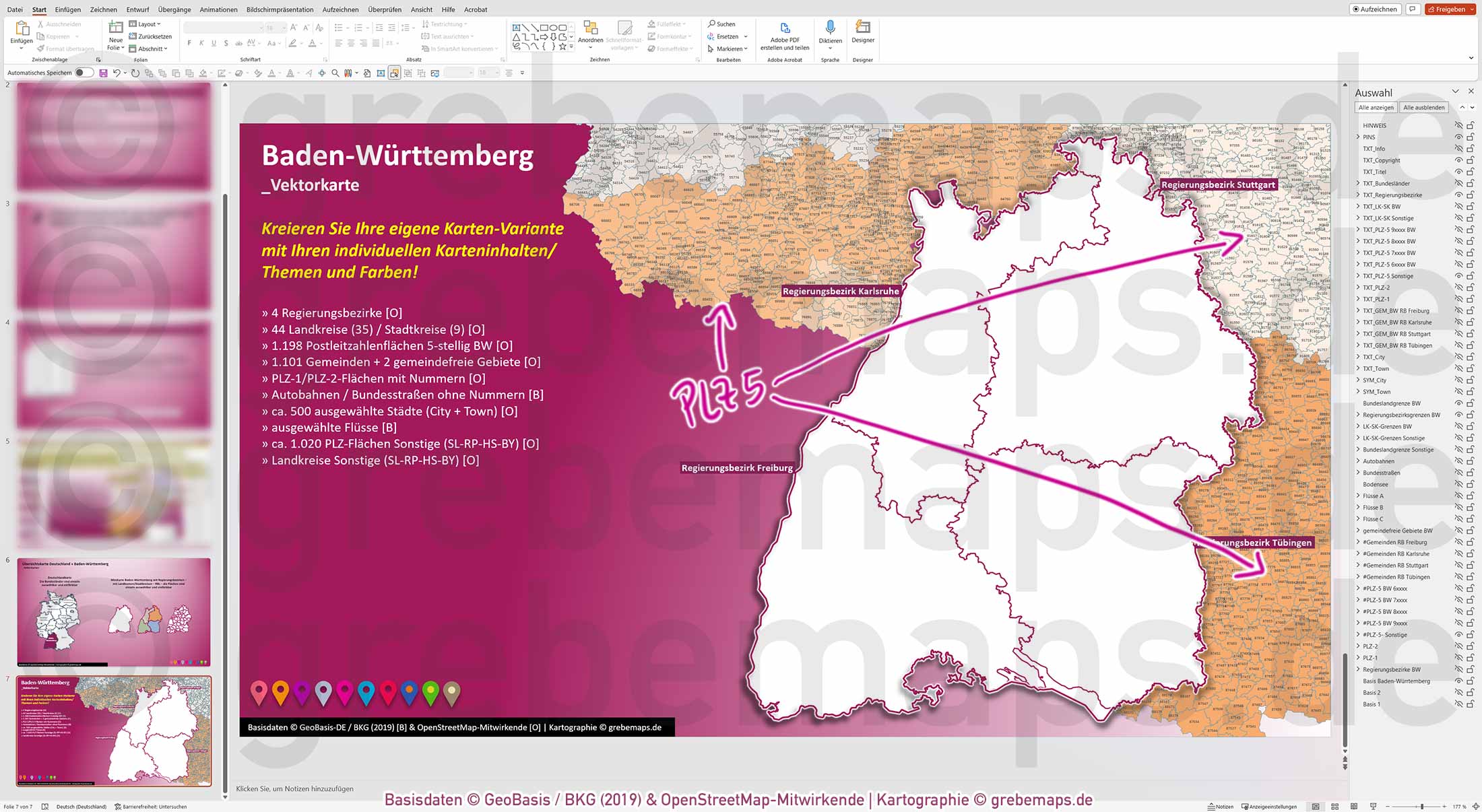 PowerPoint-Karte Baden-Württemberg Postleitzahlen PLZ 1-2-5-stellig Gemeinden Landkreise Regierungsbezirke Autobahnen einfärbbar bearbeitbar download - mit Deutschlandkarte (V2) [Digital] – Bild 18