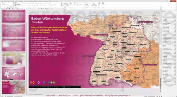 PowerPoint-Karte Baden-Württemberg Postleitzahlen PLZ 1-2-5-stellig Gemeinden Landkreise Regierungsbezirke Autobahnen einfärbbar bearbeitbar download - mit Deutschlandkarte (V2) [Digital] – Bild 17