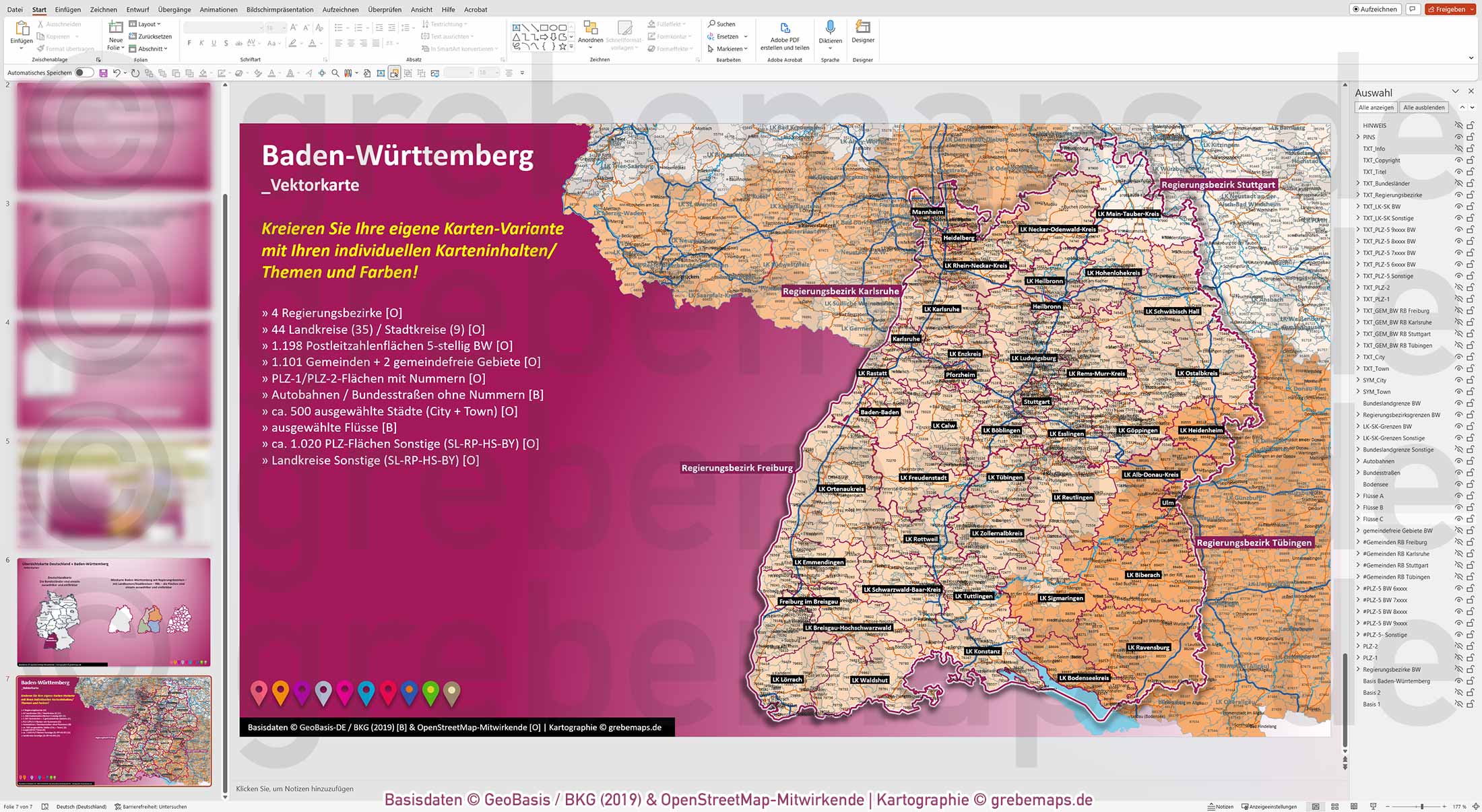 PowerPoint-Karte Baden-Württemberg Postleitzahlen PLZ 1-2-5-stellig Gemeinden Landkreise Regierungsbezirke Autobahnen einfärbbar bearbeitbar download - mit Deutschlandkarte (V2) [Digital] – Bild 16