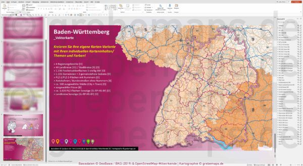 PowerPoint-Karte Baden-Württemberg Postleitzahlen PLZ 1-2-5-stellig Gemeinden Landkreise Regierungsbezirke Autobahnen einfärbbar bearbeitbar download - mit Deutschlandkarte (V2) [Digital] – Bild 15