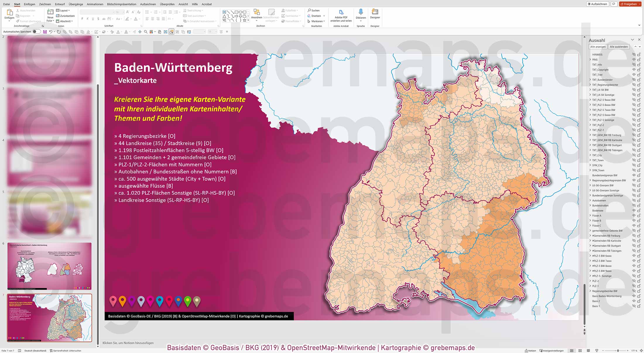PowerPoint-Karte Baden-Württemberg Postleitzahlen PLZ 1-2-5-stellig Gemeinden Landkreise Regierungsbezirke Autobahnen einfärbbar bearbeitbar download - mit Deutschlandkarte (V2) [Digital] – Bild 14