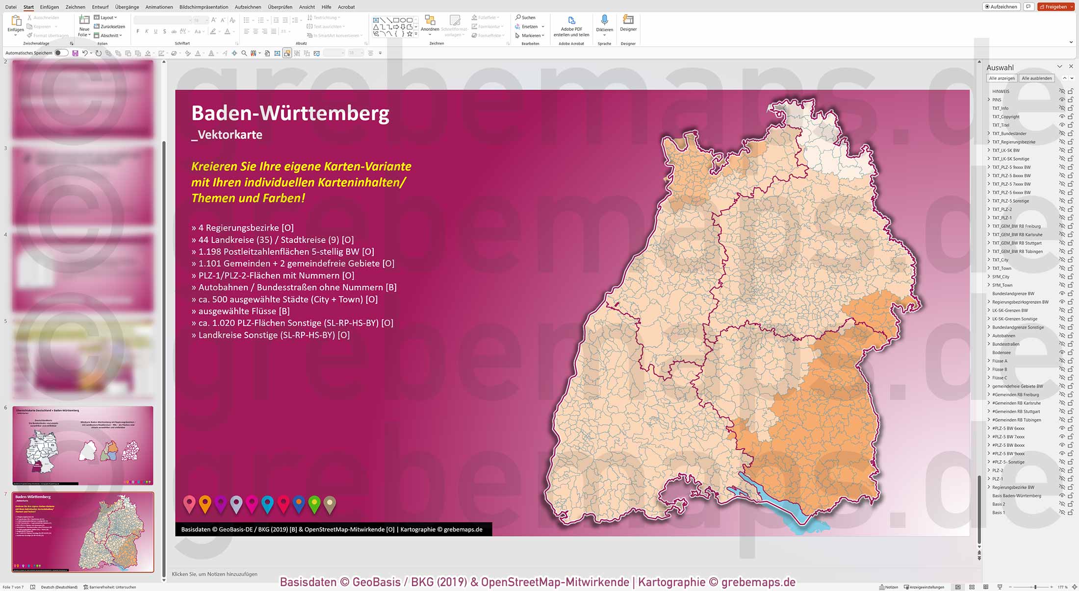 PowerPoint-Karte Baden-Württemberg Postleitzahlen PLZ 1-2-5-stellig Gemeinden Landkreise Regierungsbezirke Autobahnen einfärbbar bearbeitbar download - mit Deutschlandkarte (V2) [Digital] – Bild 13