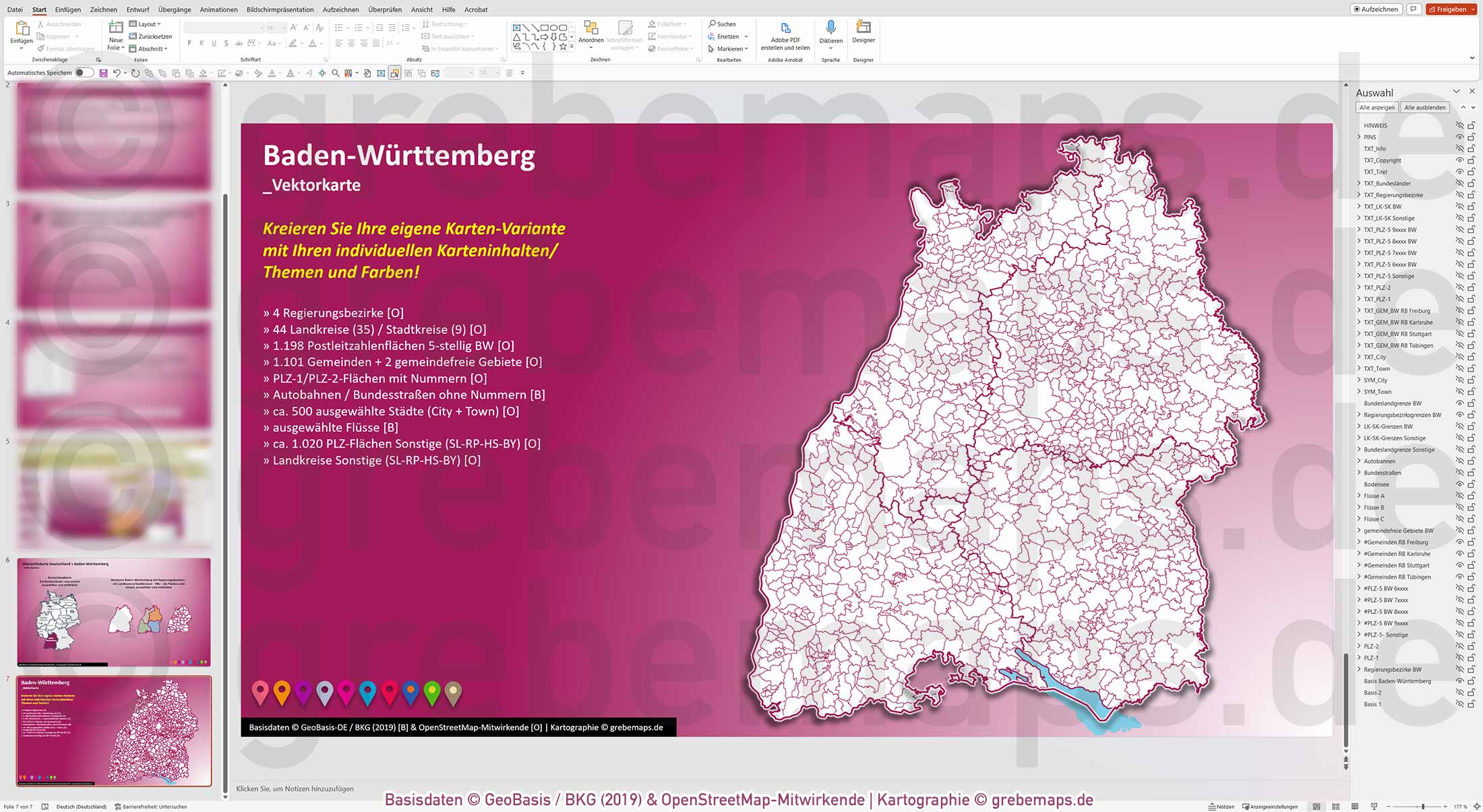 PowerPoint-Karte Baden-Württemberg Postleitzahlen PLZ 1-2-5-stellig Gemeinden Landkreise Regierungsbezirke Autobahnen einfärbbar bearbeitbar download - mit Deutschlandkarte (V2) [Digital] – Bild 12