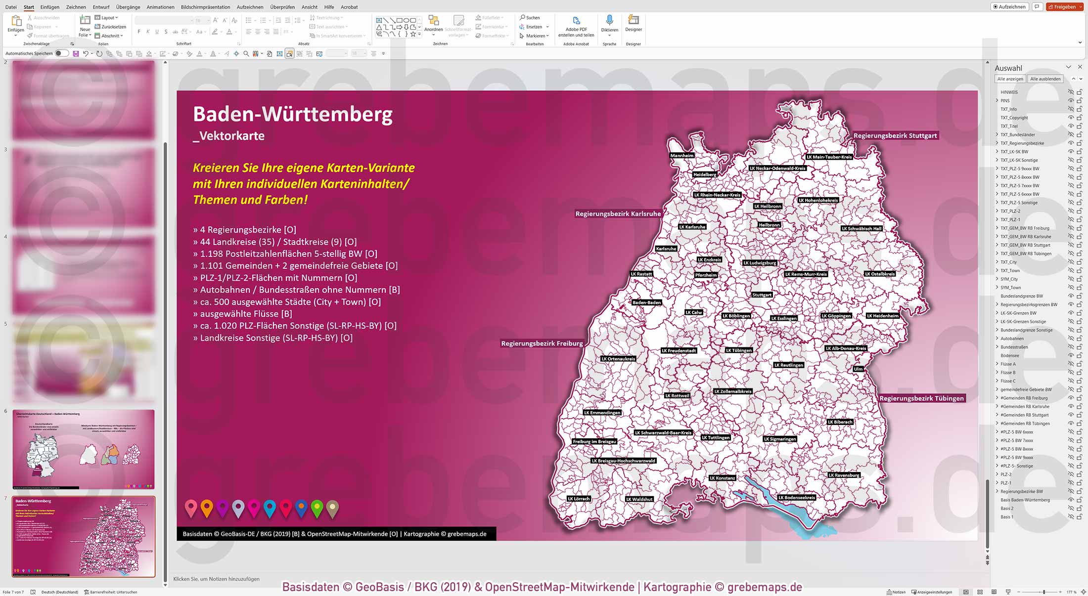 PowerPoint-Karte Baden-Württemberg Postleitzahlen PLZ 1-2-5-stellig Gemeinden Landkreise Regierungsbezirke Autobahnen einfärbbar bearbeitbar download - mit Deutschlandkarte (V2) [Digital] – Bild 11