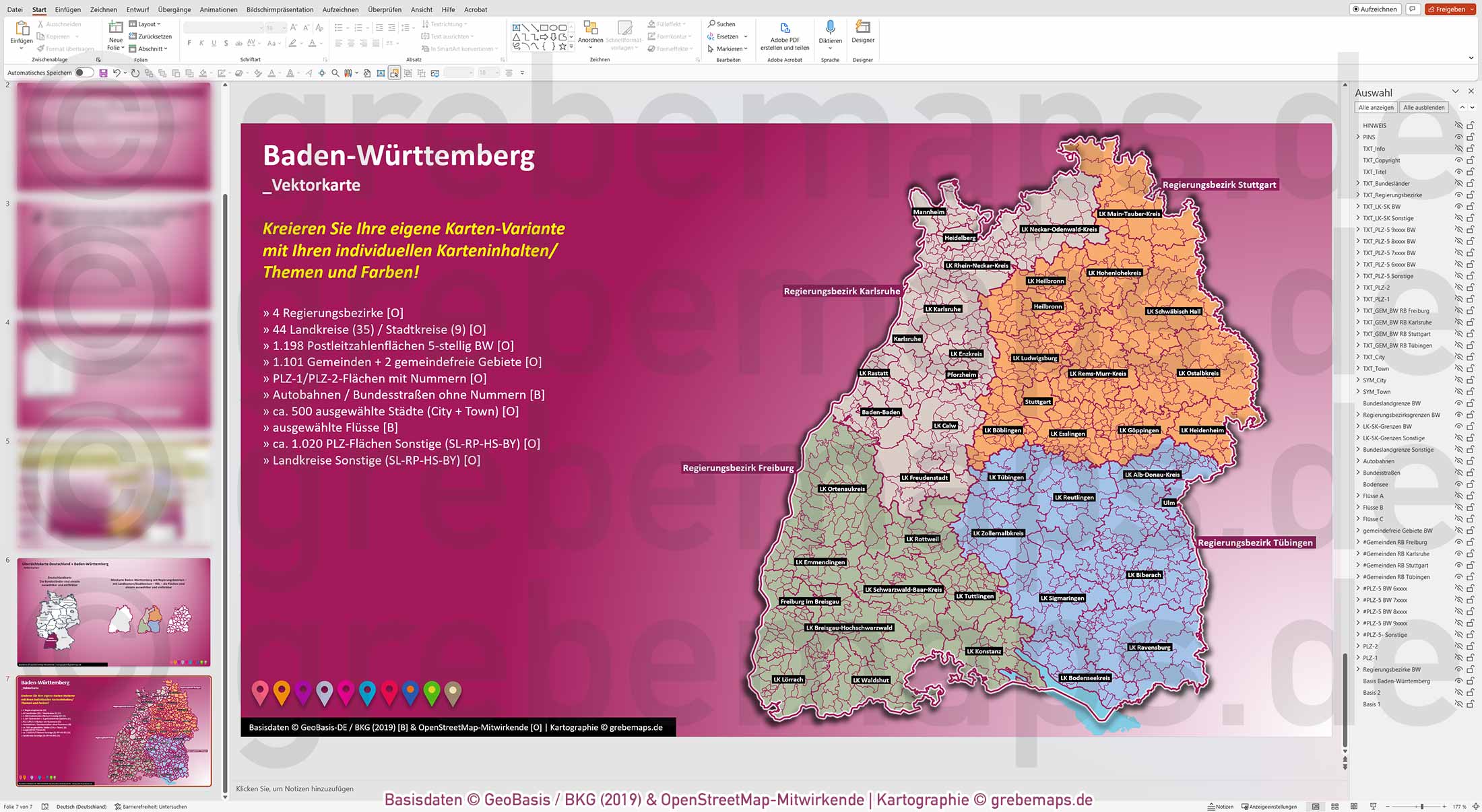 PowerPoint-Karte Baden-Württemberg Postleitzahlen PLZ 1-2-5-stellig Gemeinden Landkreise Regierungsbezirke Autobahnen einfärbbar bearbeitbar download - mit Deutschlandkarte (V2) [Digital] – Bild 10