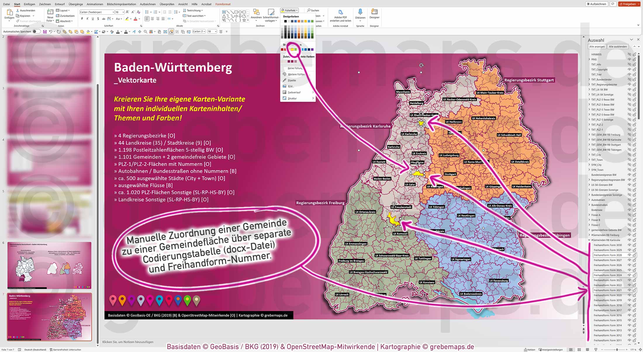 PowerPoint-Karte Baden-Württemberg Postleitzahlen PLZ 1-2-5-stellig Gemeinden Landkreise Regierungsbezirke Autobahnen einfärbbar bearbeitbar download - mit Deutschlandkarte (V2) [Digital] – Bild 9