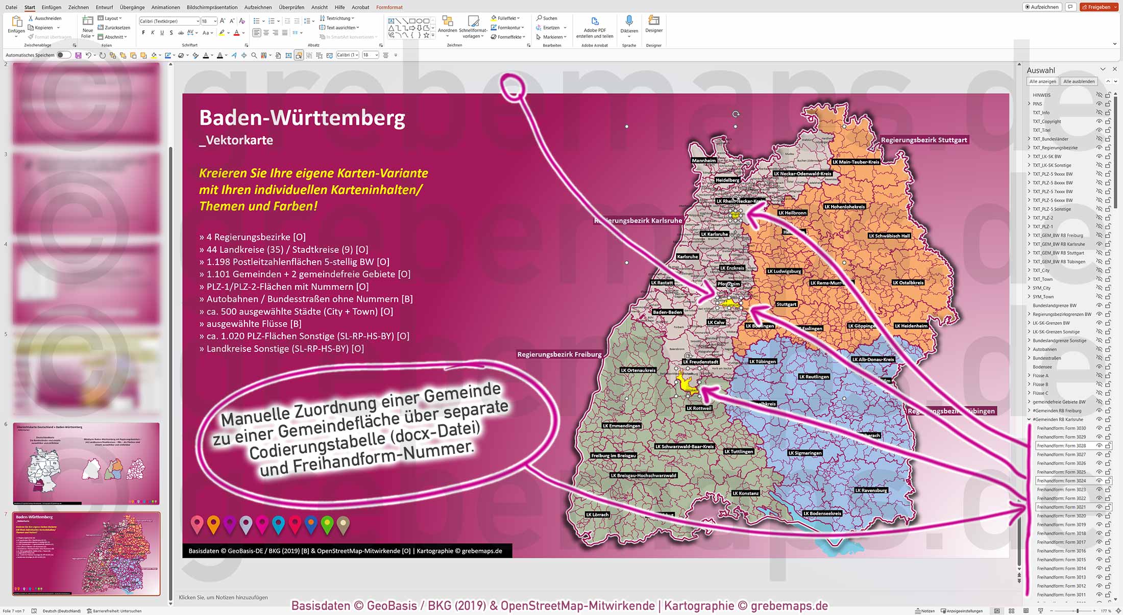 PowerPoint-Karte Baden-Württemberg Postleitzahlen PLZ 1-2-5-stellig Gemeinden Landkreise Regierungsbezirke Autobahnen einfärbbar bearbeitbar download - mit Deutschlandkarte (V2) [Digital] – Bild 8