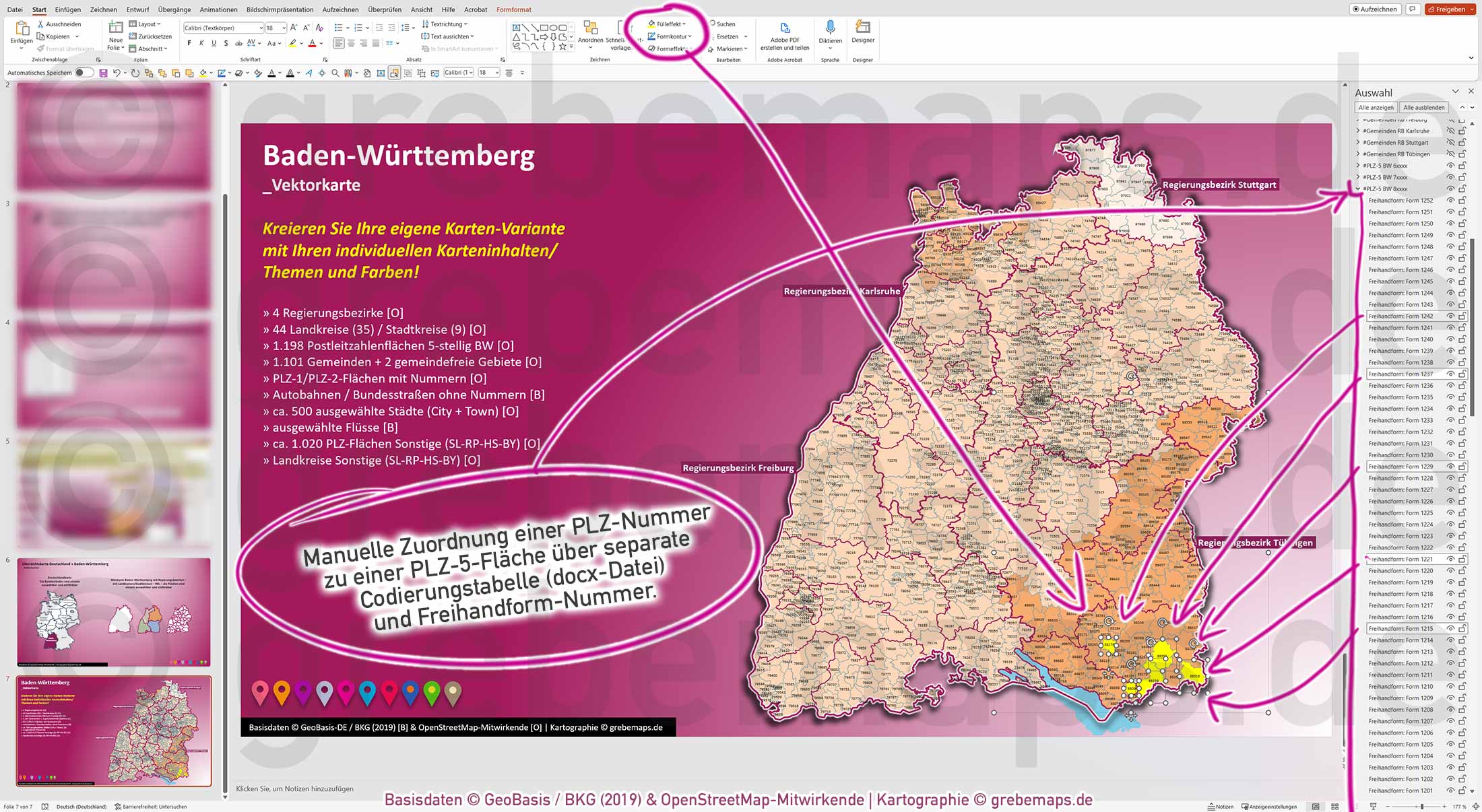 PowerPoint-Karte Baden-Württemberg Postleitzahlen PLZ 1-2-5-stellig Gemeinden Landkreise Regierungsbezirke Autobahnen einfärbbar bearbeitbar download - mit Deutschlandkarte (V2) [Digital] – Bild 6