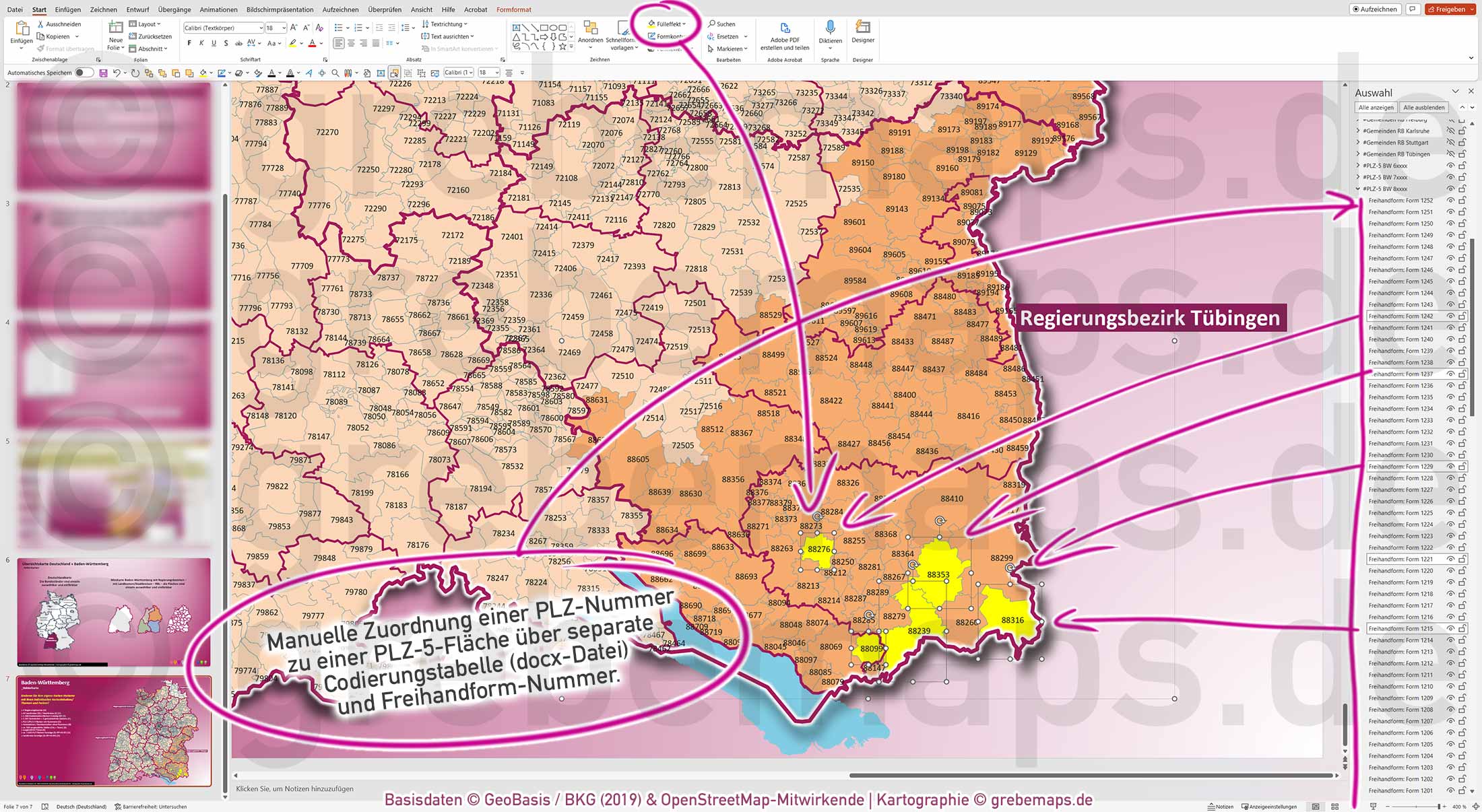 PowerPoint-Karte Baden-Württemberg Postleitzahlen PLZ 1-2-5-stellig Gemeinden Landkreise Regierungsbezirke Autobahnen einfärbbar bearbeitbar download - mit Deutschlandkarte (V2) [Digital] – Bild 4