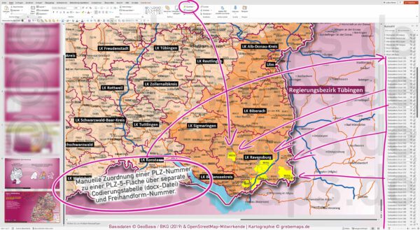 PowerPoint-Karte Baden-Württemberg Postleitzahlen PLZ 1-2-5-stellig Gemeinden Landkreise Regierungsbezirke Autobahnen einfärbbar bearbeitbar download - mit Deutschlandkarte (V2) [Digital] – Bild 5