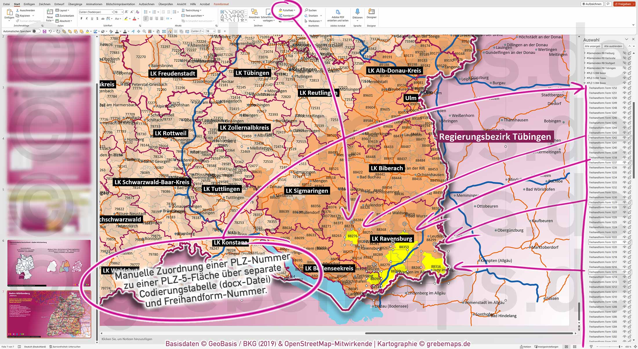 PowerPoint-Karte Baden-Württemberg Postleitzahlen PLZ 1-2-5-stellig Gemeinden Landkreise Regierungsbezirke Autobahnen einfärbbar bearbeitbar download - mit Deutschlandkarte (V2) [Digital] – Bild 5