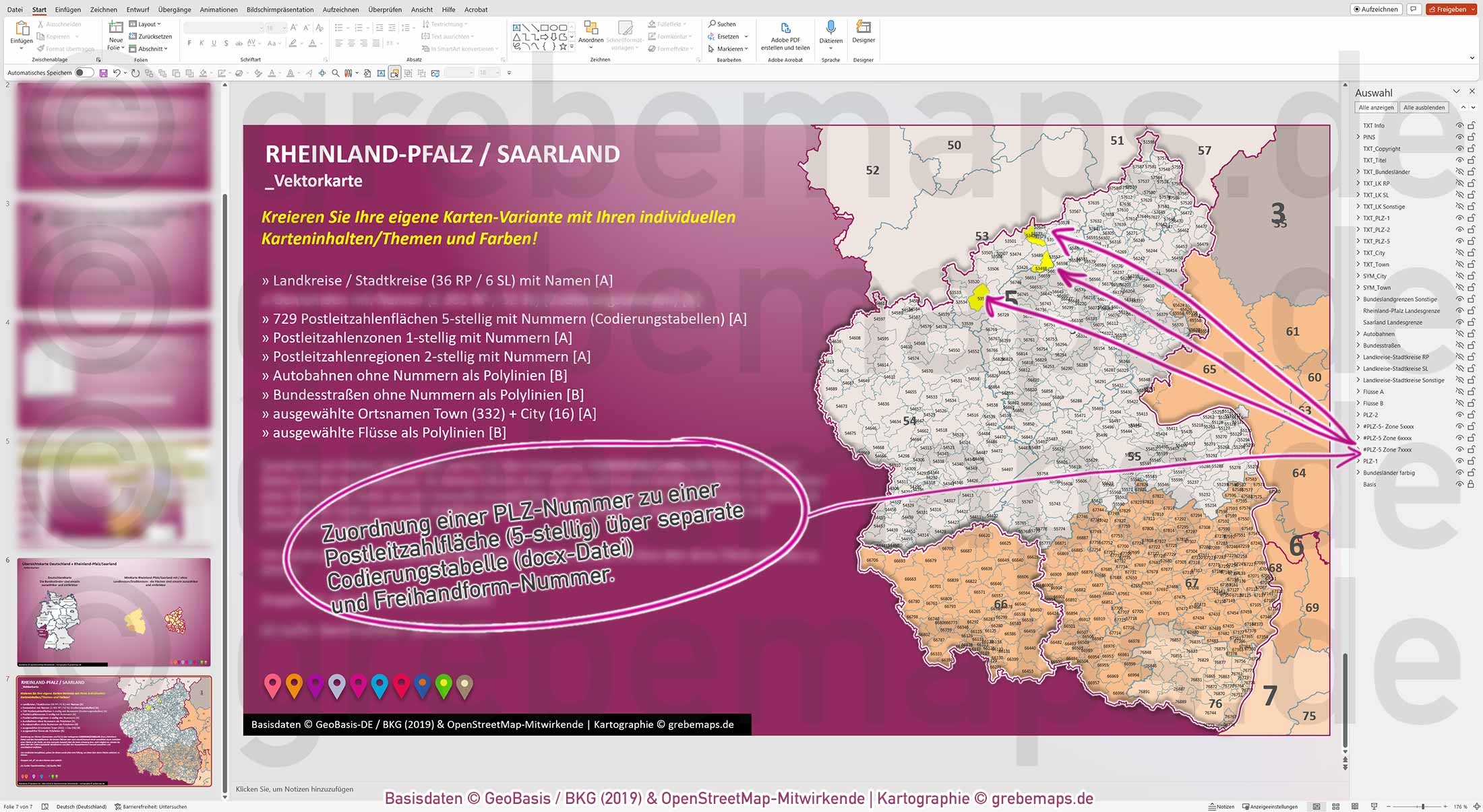 PowerPoint-Karte Rheinland-Pfalz / Saarland Postleitzahlen PLZ 1-2-5 Landkreise einfärbbar bearbeitbar download - mit Deutschlandkarte [Digital] – Bild 3