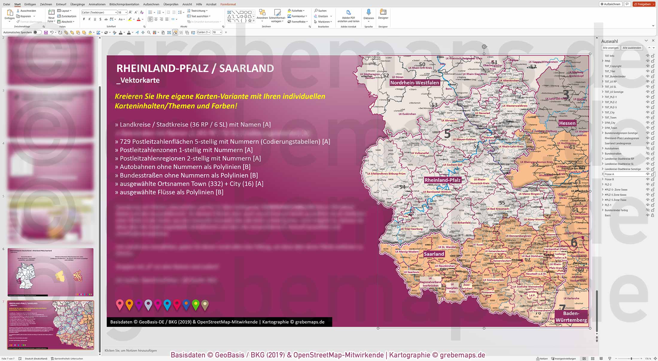 PowerPoint-Karte Rheinland-Pfalz / Saarland Postleitzahlen PLZ 1-2-5 Landkreise einfärbbar bearbeitbar download - mit Deutschlandkarte [Digital] – Bild 19
