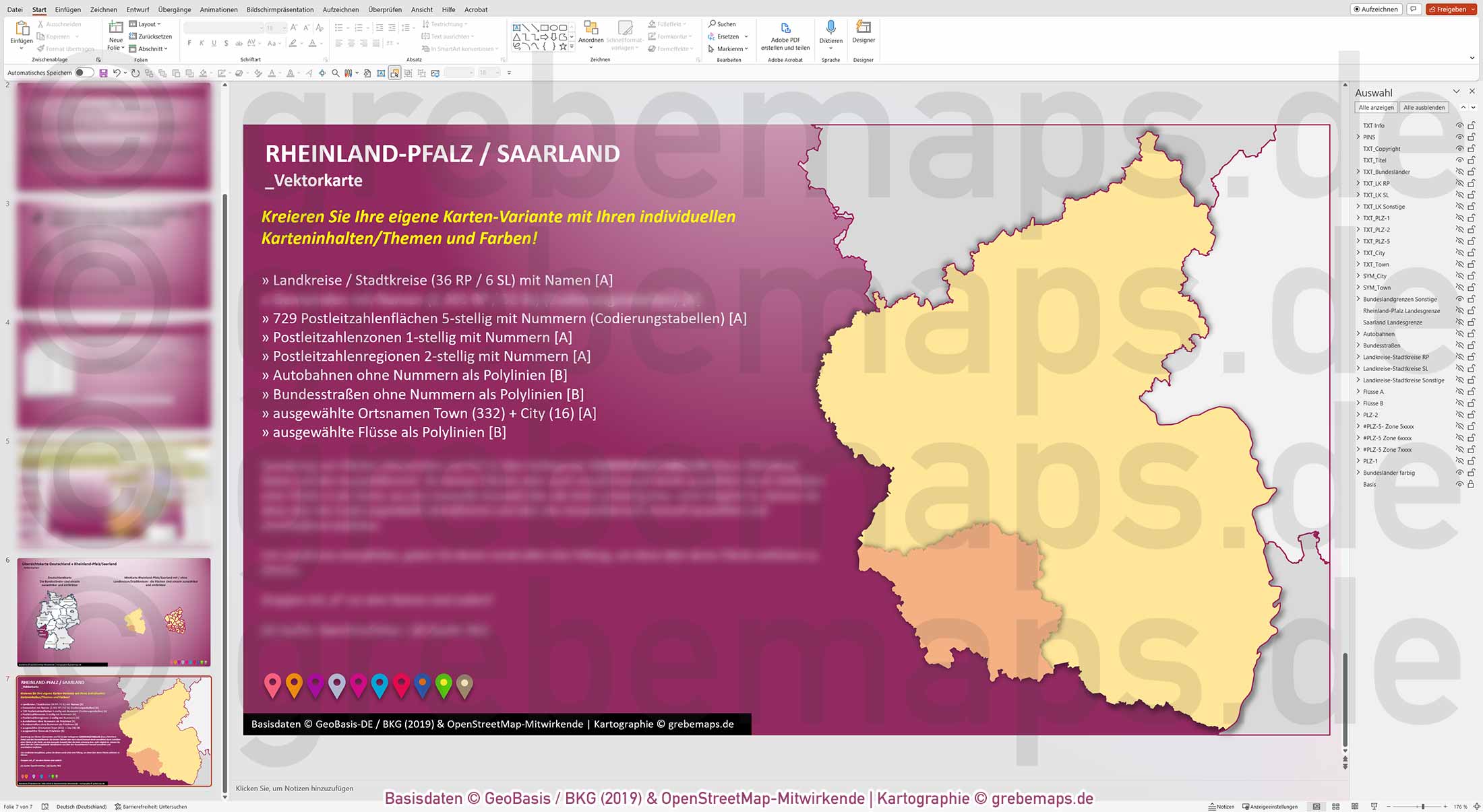 PowerPoint-Karte Rheinland-Pfalz / Saarland Postleitzahlen PLZ 1-2-5 Landkreise einfärbbar bearbeitbar download - mit Deutschlandkarte [Digital] – Bild 17