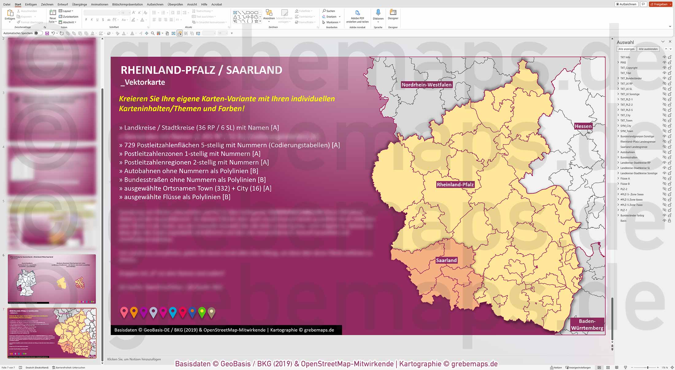 PowerPoint-Karte Rheinland-Pfalz / Saarland Postleitzahlen PLZ 1-2-5 Landkreise einfärbbar bearbeitbar download - mit Deutschlandkarte [Digital] – Bild 16