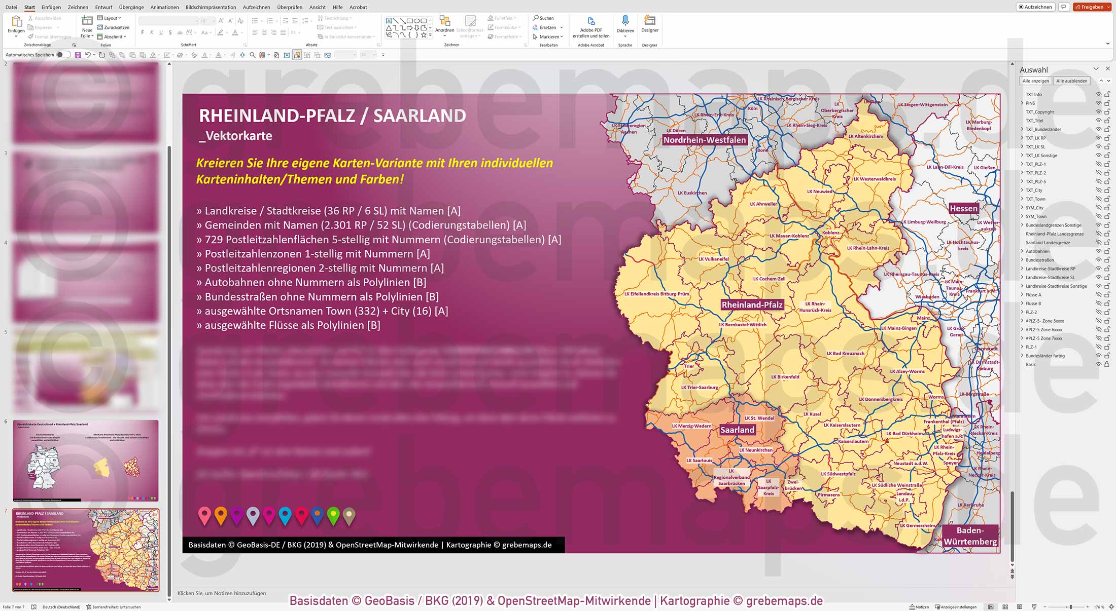 PowerPoint-Karte Rheinland-Pfalz / Saarland Postleitzahlen PLZ 1-2-5 Landkreise einfärbbar bearbeitbar download - mit Deutschlandkarte [Digital] – Bild 21