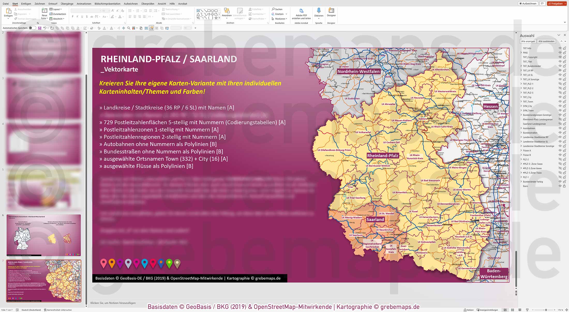 PowerPoint-Karte Rheinland-Pfalz / Saarland Postleitzahlen PLZ 1-2-5 Landkreise einfärbbar bearbeitbar download - mit Deutschlandkarte [Digital] – Bild 14