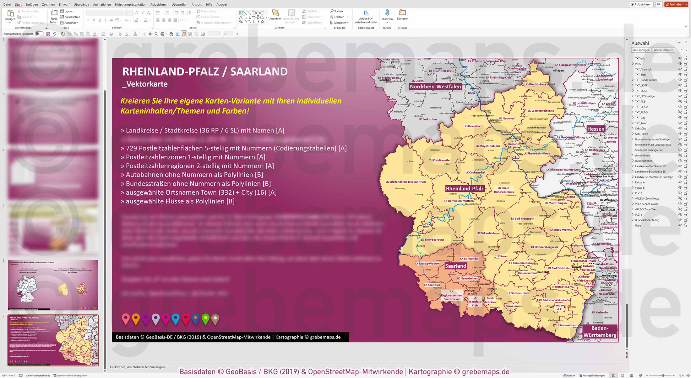 PowerPoint-Karte Rheinland-Pfalz / Saarland Postleitzahlen PLZ 1-2-5 Landkreise einfärbbar bearbeitbar download - mit Deutschlandkarte [Digital] – Bild 13
