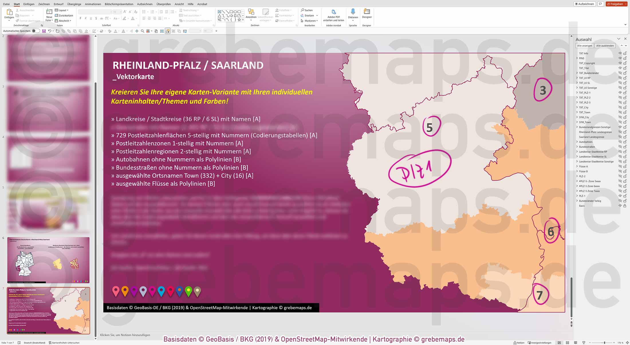 PowerPoint-Karte Rheinland-Pfalz / Saarland Postleitzahlen PLZ 1-2-5 Landkreise einfärbbar bearbeitbar download - mit Deutschlandkarte [Digital] – Bild 12
