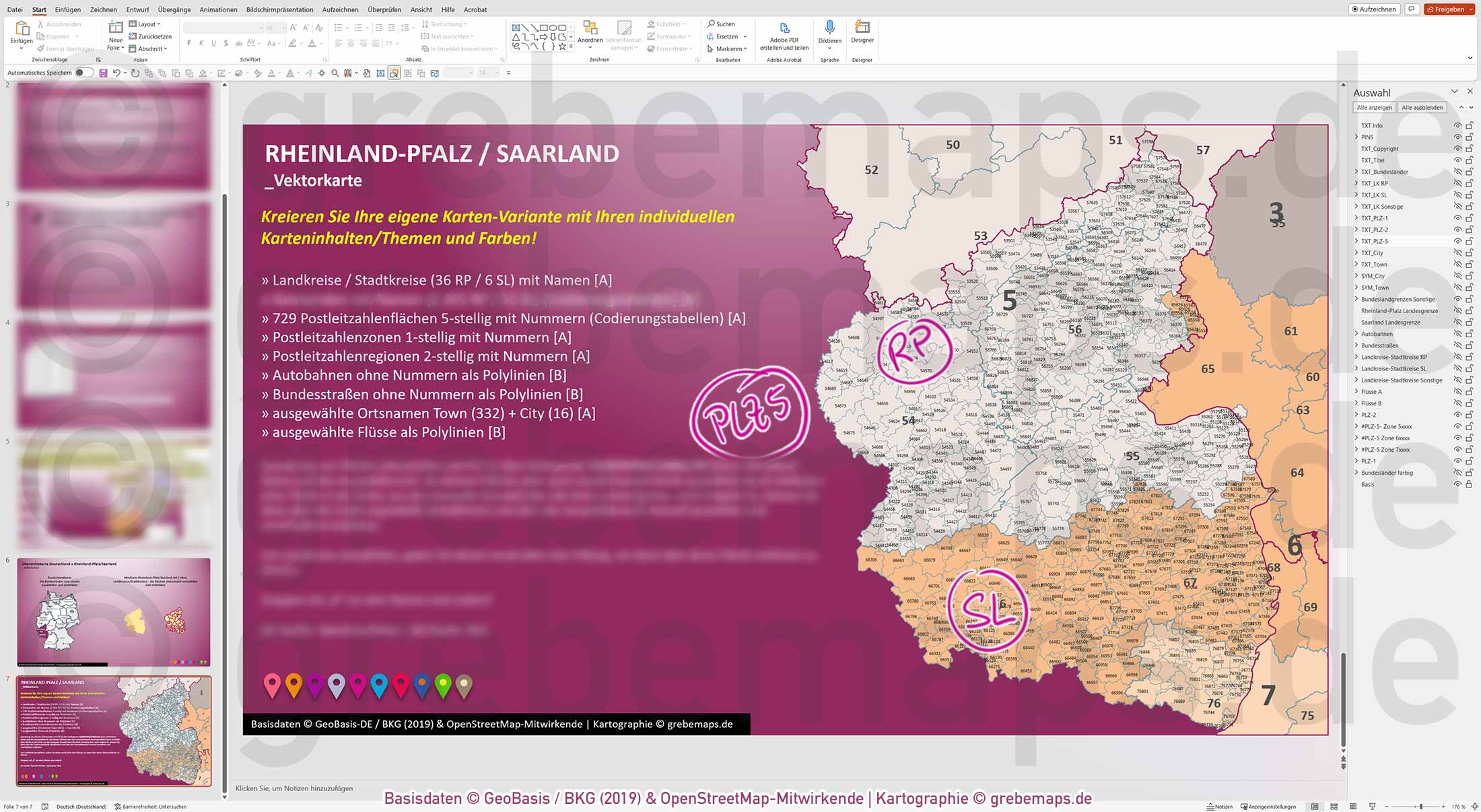 PowerPoint-Karte Rheinland-Pfalz / Saarland Postleitzahlen PLZ 1-2-5 Landkreise einfärbbar bearbeitbar download - mit Deutschlandkarte [Digital] – Bild 10