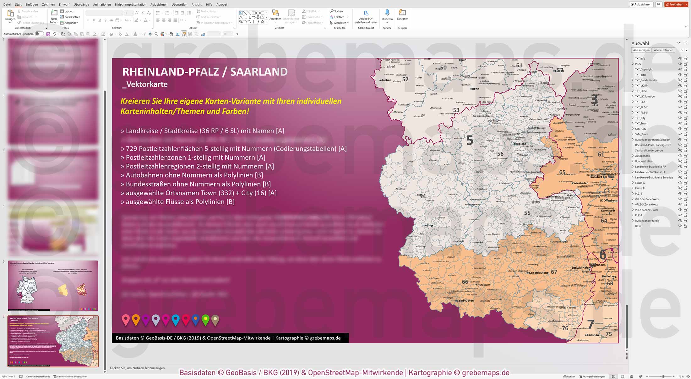 PowerPoint-Karte Rheinland-Pfalz / Saarland Postleitzahlen PLZ 1-2-5 Landkreise einfärbbar bearbeitbar download - mit Deutschlandkarte [Digital] – Bild 9