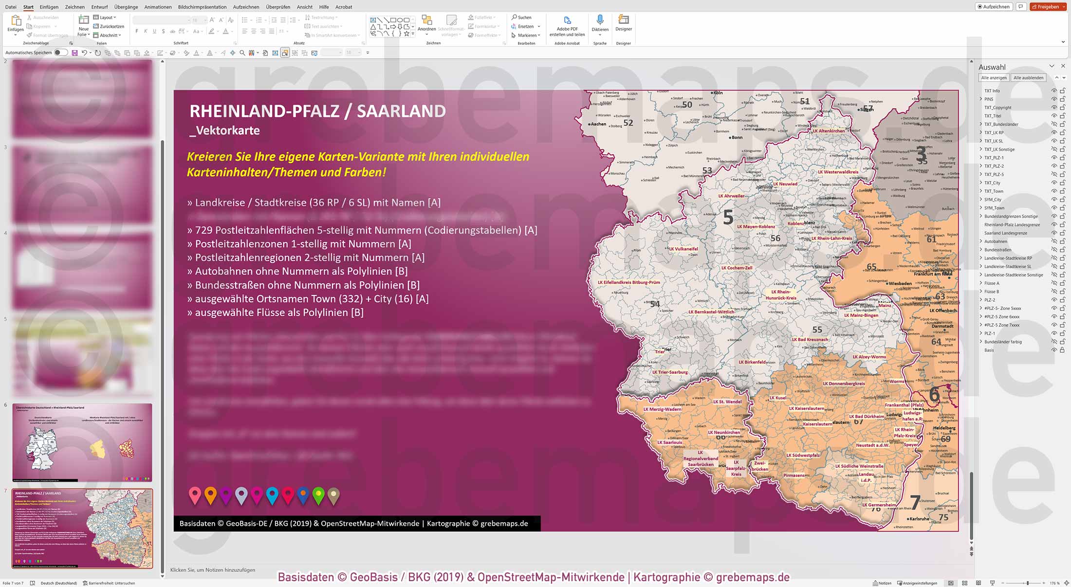 PowerPoint-Karte Rheinland-Pfalz / Saarland Postleitzahlen PLZ 1-2-5 Landkreise einfärbbar bearbeitbar download - mit Deutschlandkarte [Digital] – Bild 8
