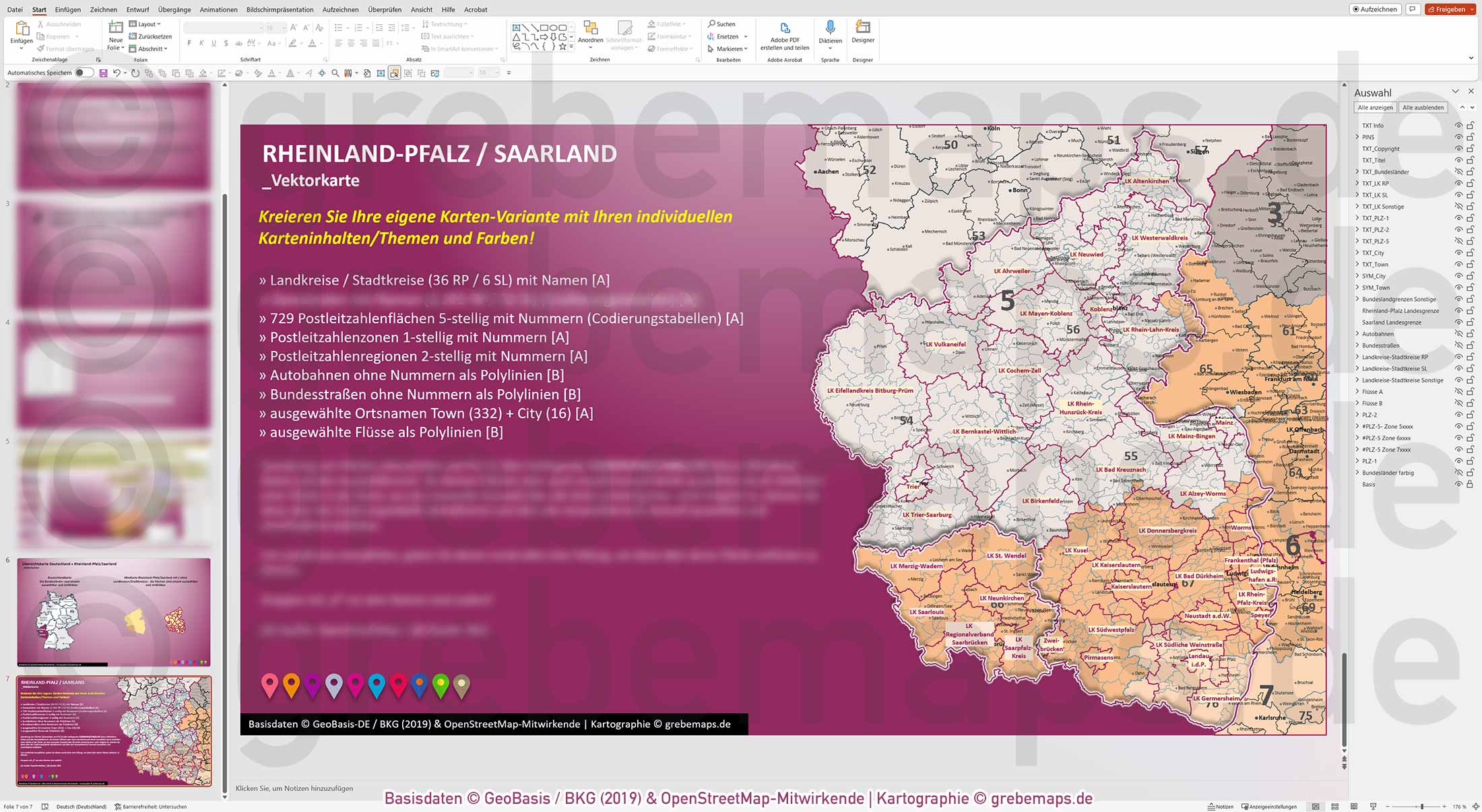 PowerPoint-Karte Rheinland-Pfalz / Saarland Postleitzahlen PLZ 1-2-5 Landkreise einfärbbar bearbeitbar download - mit Deutschlandkarte [Digital] – Bild 7