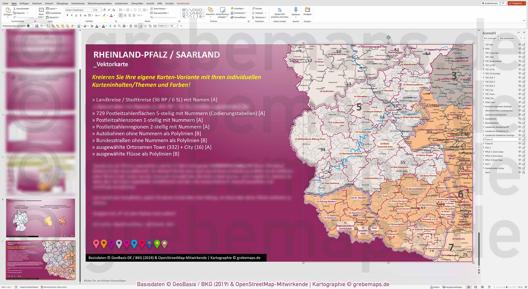 PowerPoint-Karte Rheinland-Pfalz / Saarland Postleitzahlen PLZ 1-2-5 Landkreise einfärbbar bearbeitbar download - mit Deutschlandkarte [Digital] – Bild 6