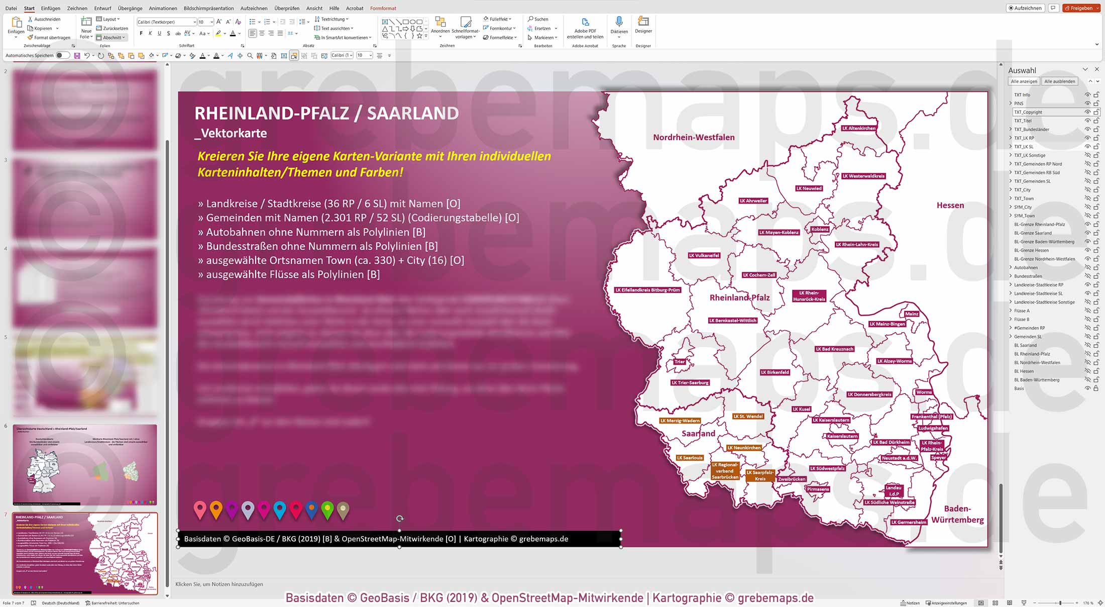 PowerPoint-Karte Rheinland-Pfalz / Saarland Gemeinden Landkreise einfärbbar bearbeitbar download - mit Deutschlandkarte (V2) mit Verbandsgemeinden Rheinland-Pfalz [Digital] – Bild 18