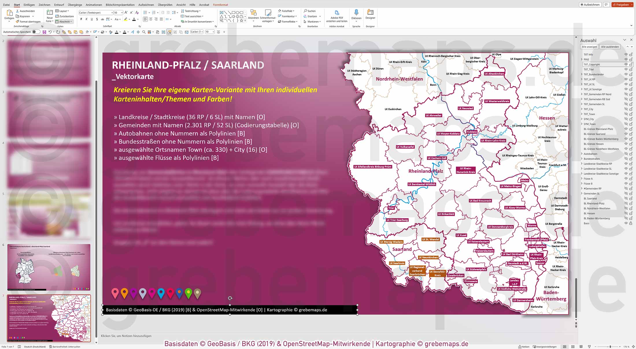 PowerPoint-Karte Rheinland-Pfalz / Saarland Gemeinden Landkreise einfärbbar bearbeitbar download - mit Deutschlandkarte (V2) mit Verbandsgemeinden Rheinland-Pfalz [Digital] – Bild 17