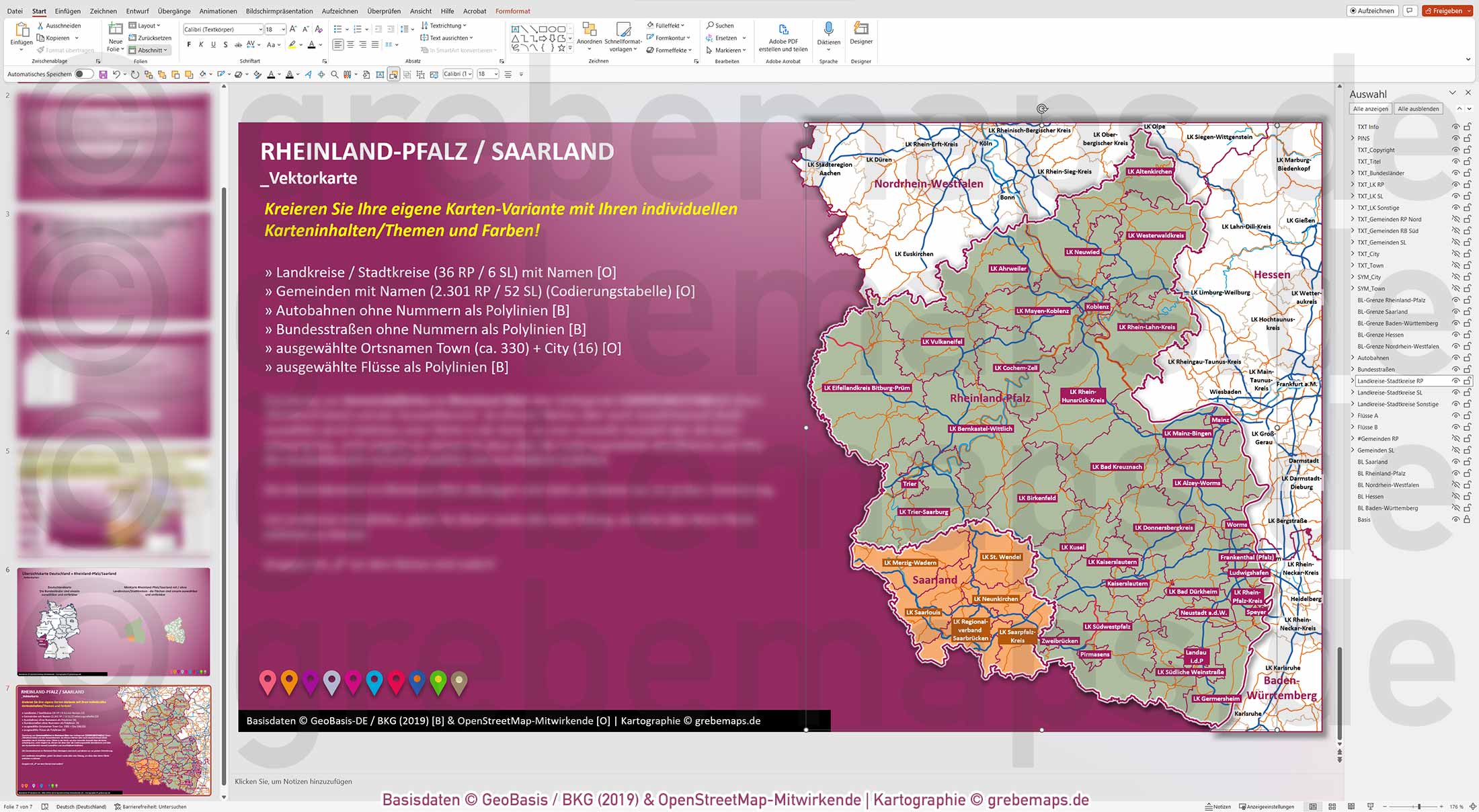 PowerPoint-Karte Rheinland-Pfalz / Saarland Gemeinden Landkreise einfärbbar bearbeitbar download - mit Deutschlandkarte (V2) mit Verbandsgemeinden Rheinland-Pfalz [Digital] – Bild 16
